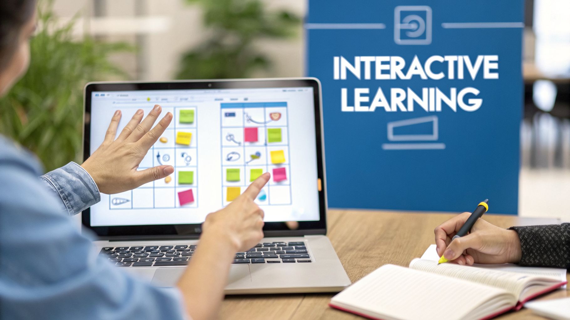 A person interacts with a laptop showing a collaborative board, while another takes notes during interactive learning.