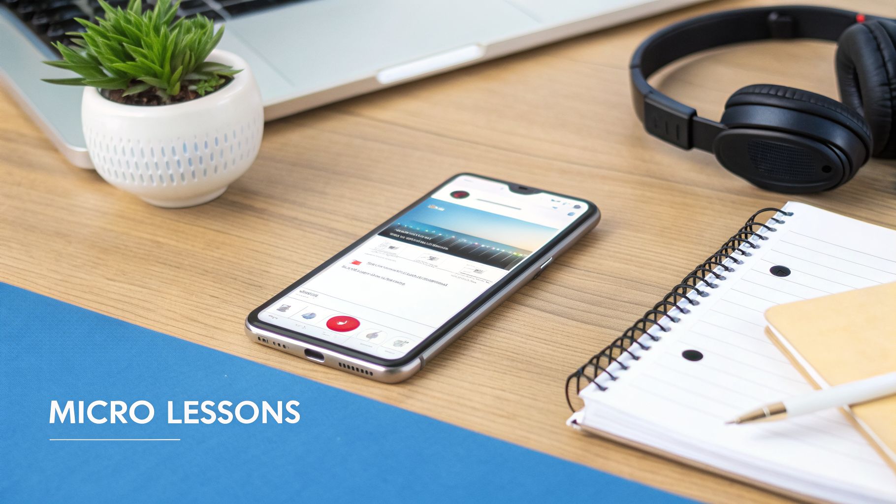 A desk setup featuring a smartphone displaying micro lessons, a laptop, headphones, a plant, and notebooks.