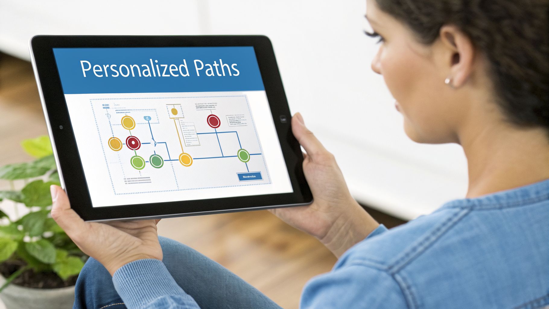 A person views a tablet displaying a 'Personalized Paths' diagram with interconnected colored circles.