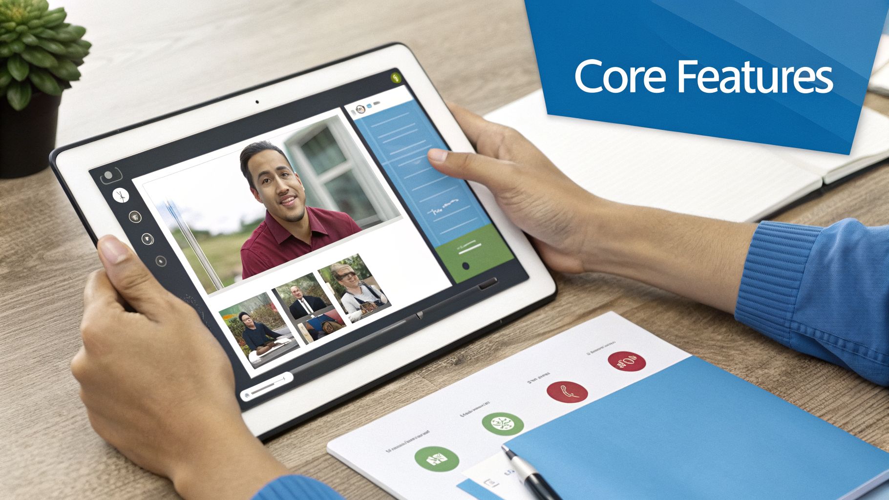 A person holds a tablet displaying a webinar with a speaker and multiple participants on screen.