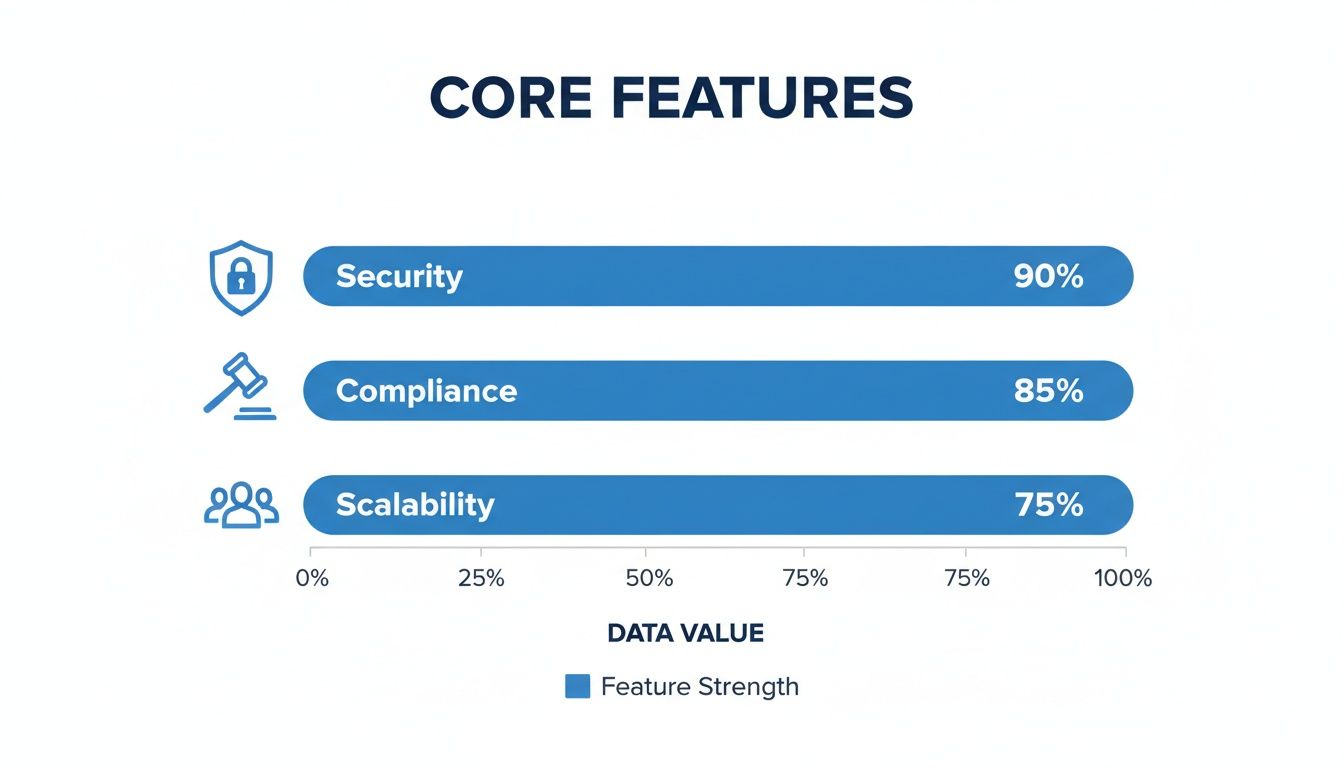 A bar chart illustrating core features: Security at 90%, Compliance at 85%, and Scalability at 75%.