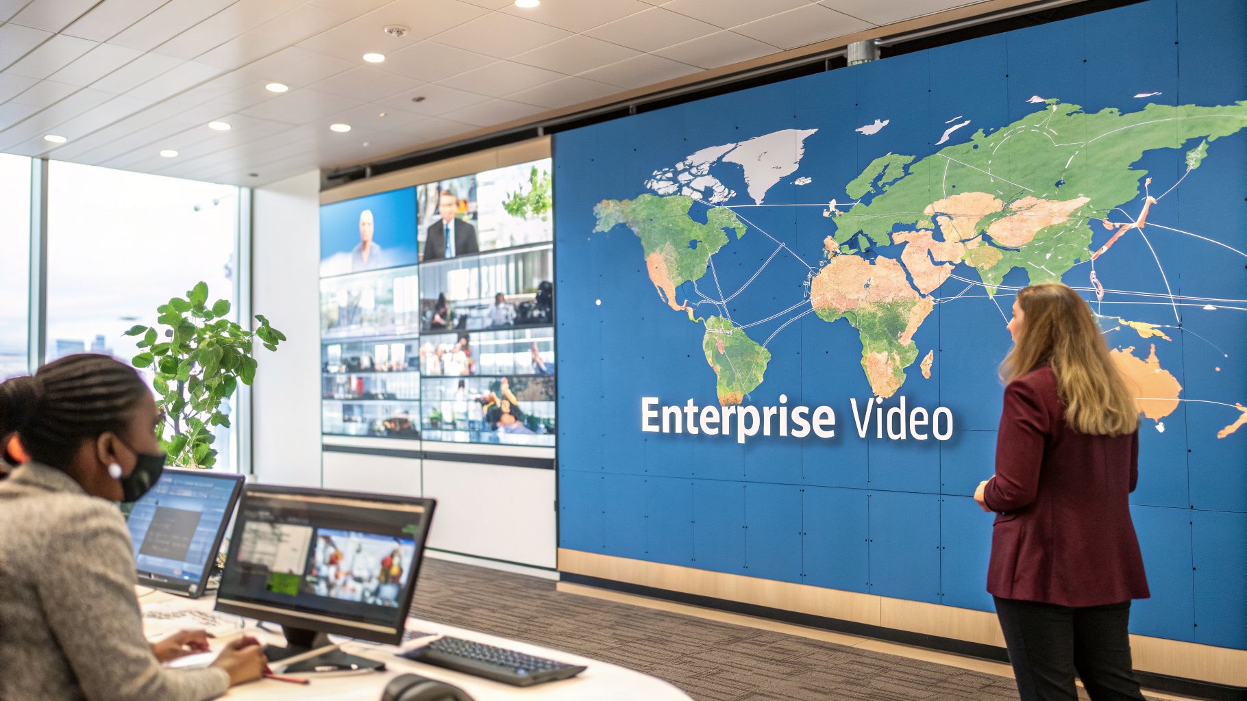 Two women in a modern office, one working at computers and another viewing a global enterprise video map.