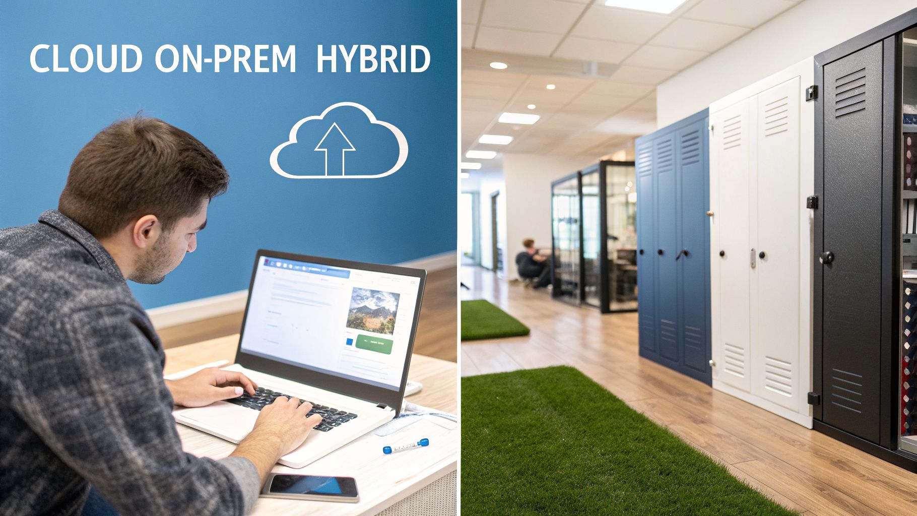 Man working on laptop with 'CLOUD ON-PREM HYBRID' text, alongside office lockers and workspace.