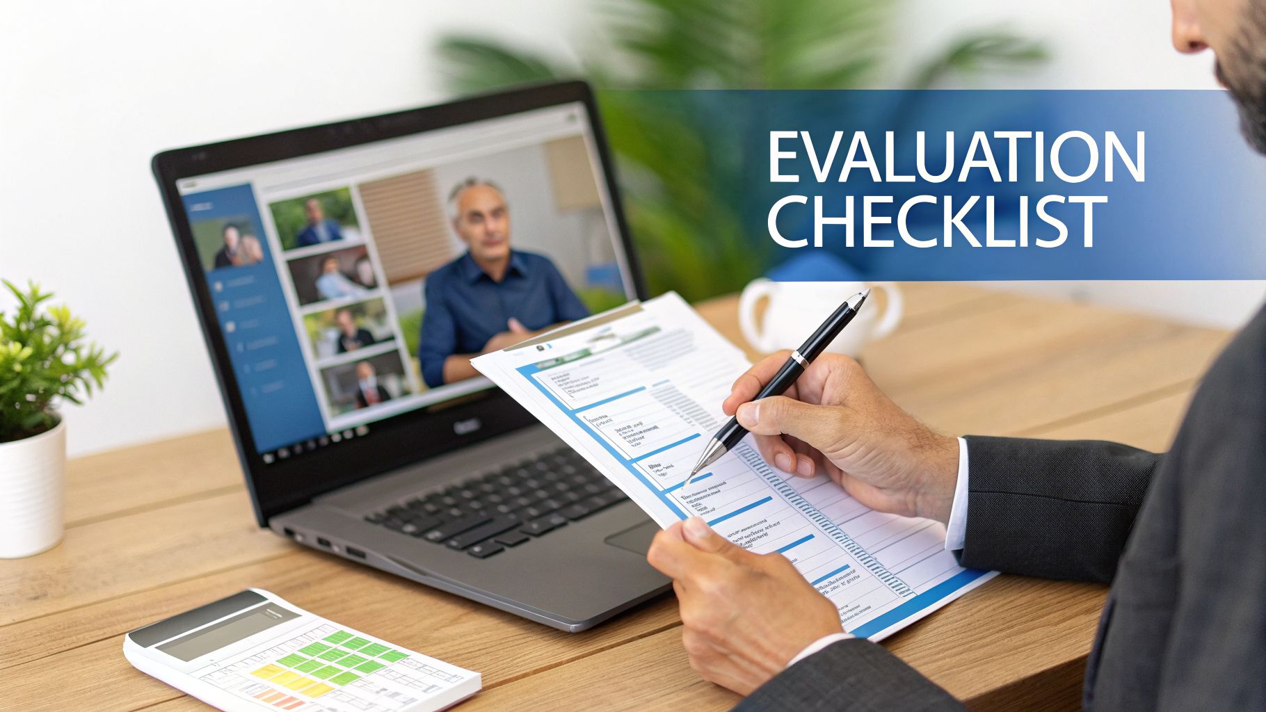 A person evaluates a video conference participant while filling out an evaluation checklist.