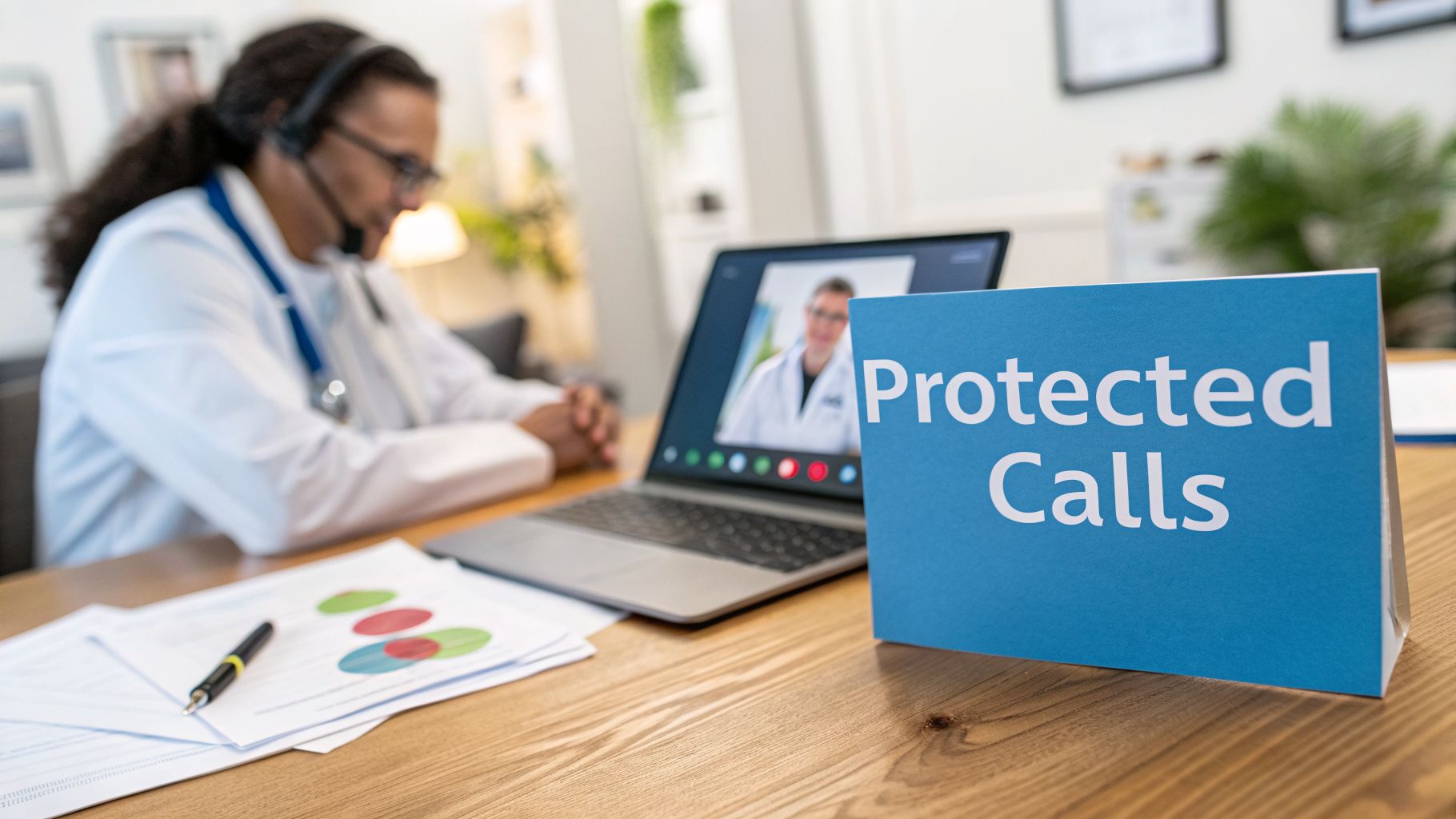 A doctor on a video call wearing a headset, with a 'Protected Calls' sign on the desk.
