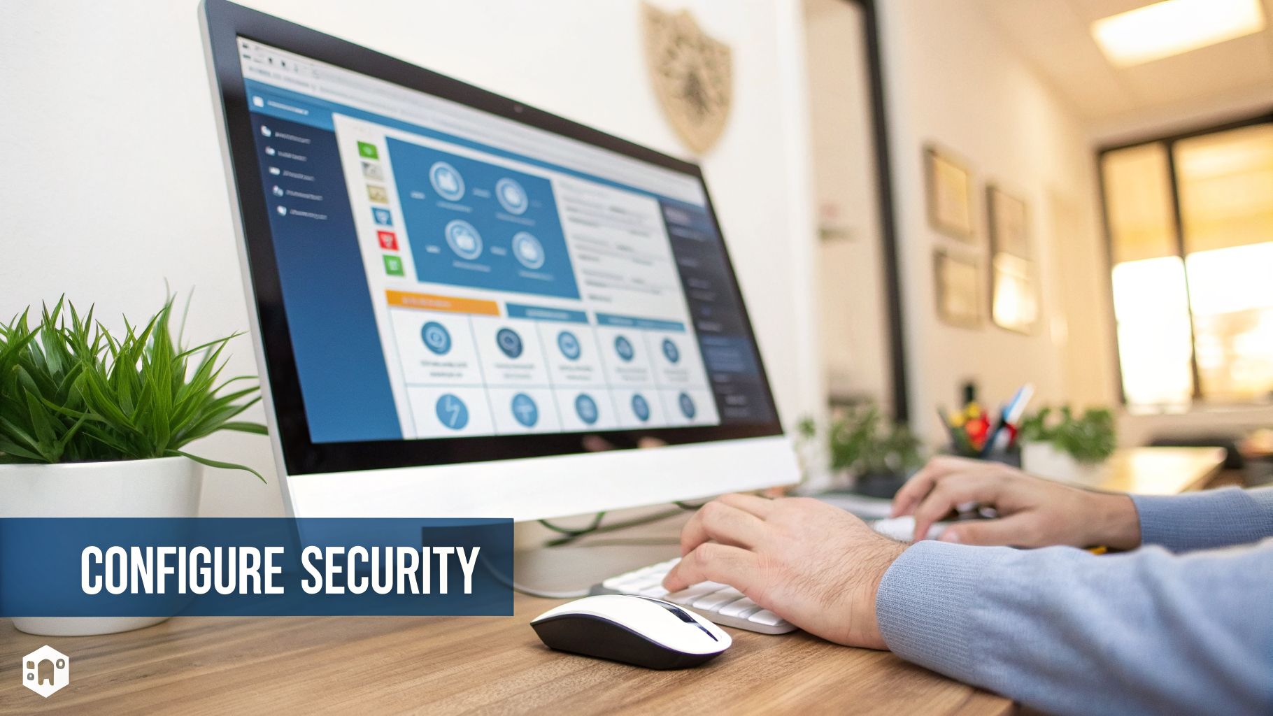 Hands using a keyboard and mouse on a wooden desk, with a computer monitor displaying security configuration software.