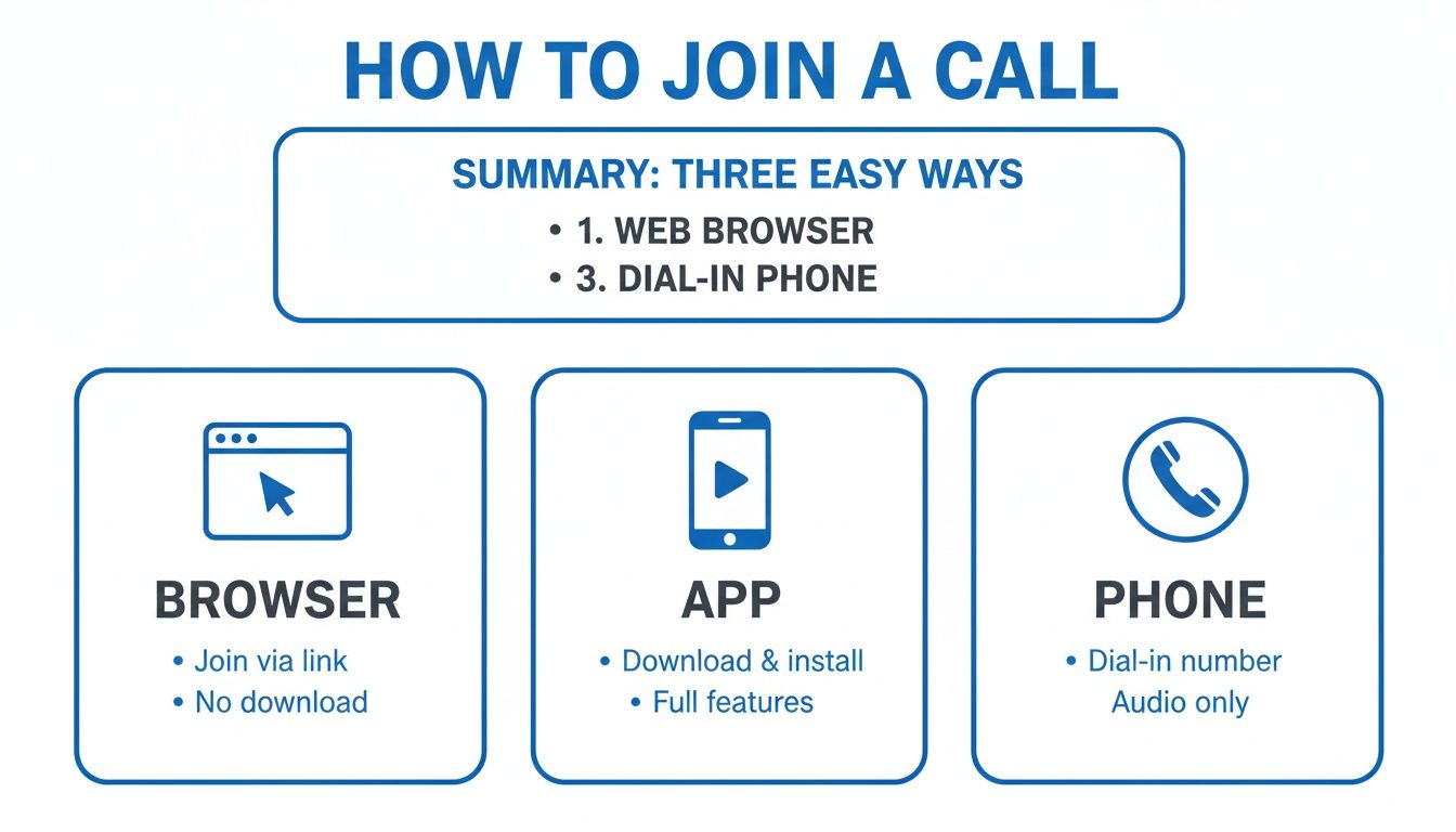 Diagram illustrating three easy ways to join a call: web browser, mobile app, and dial-in phone.