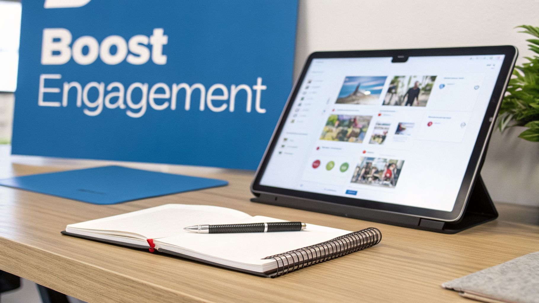 A blue sign reading 'Boost Engagement' next to a tablet, notebook, and pen on a wooden desk.