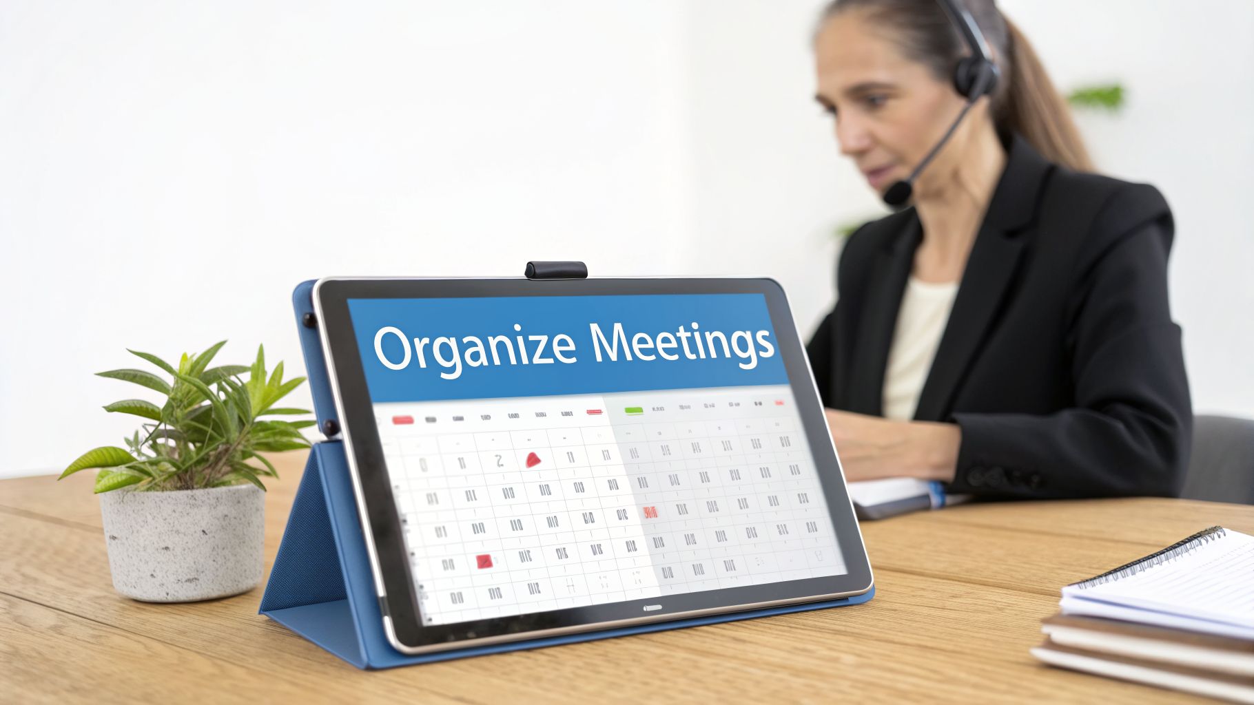 A tablet on a desk displays 'Organize Meetings' and a calendar, with a person wearing a headset in the background.