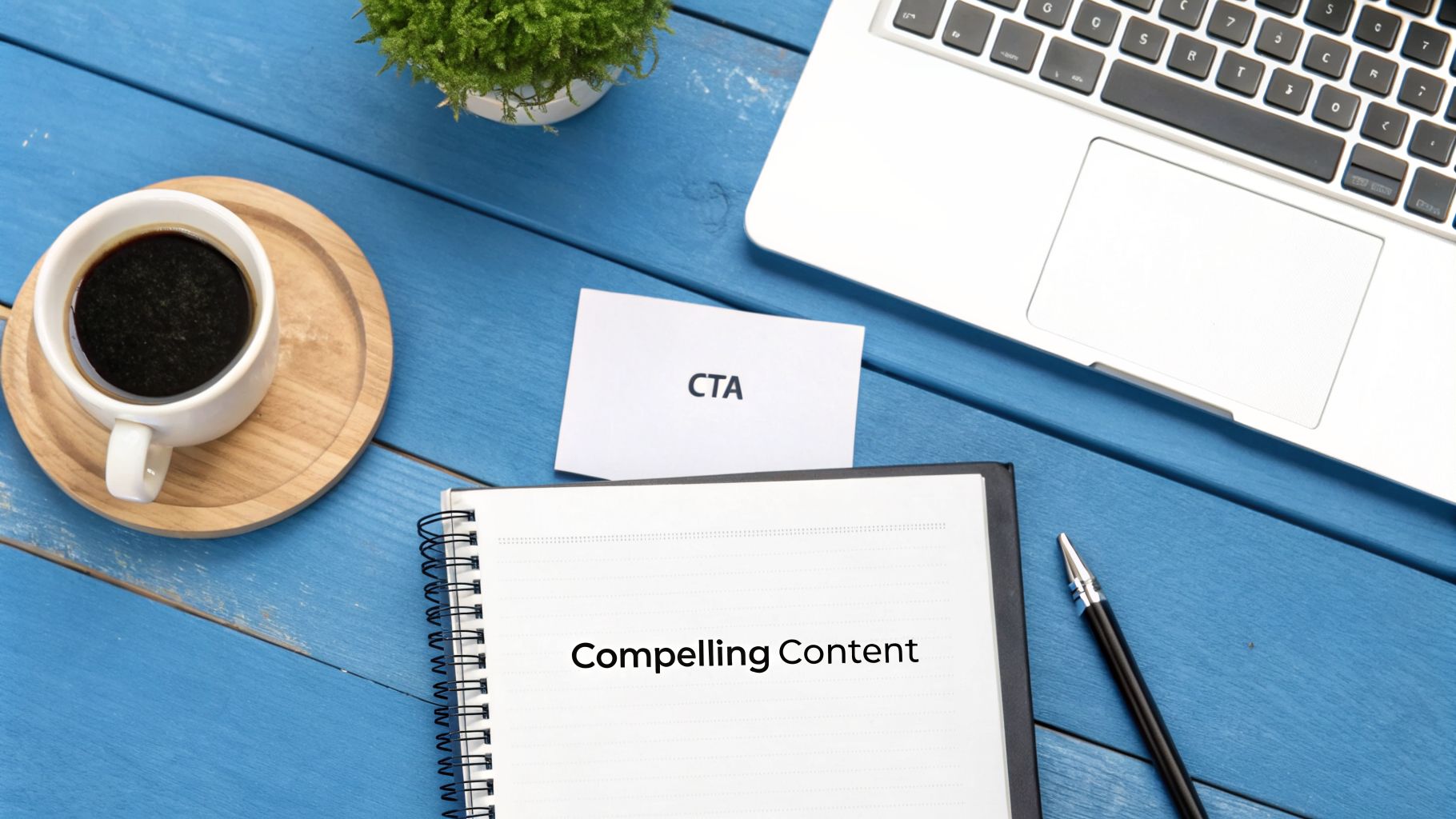 Flat lay of a desk with a laptop, coffee, notebook with 'Compelling Content', and a 'CTA' card.