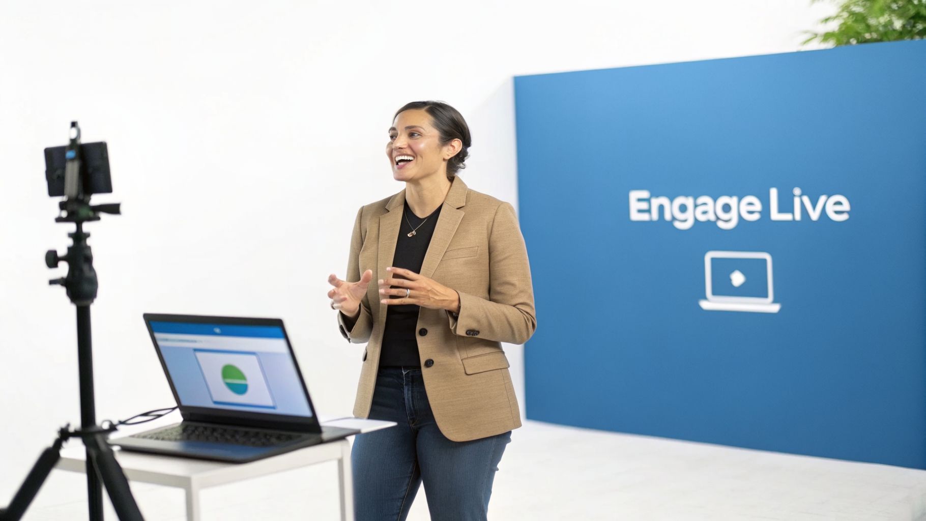 A woman in a blazer and jeans presents a webinar, smiling next to a laptop and camera with "Engage Live" on a blue wall.