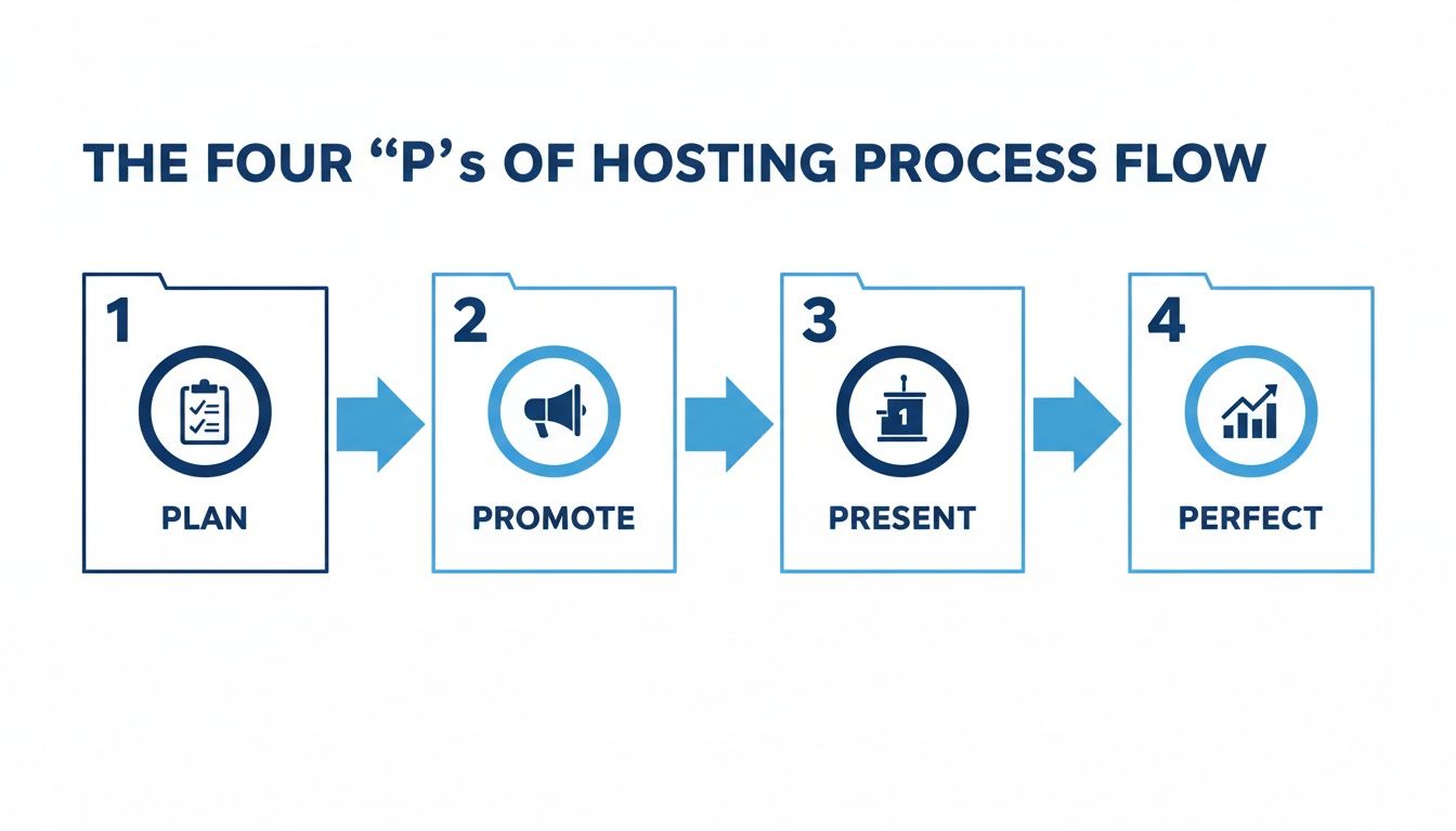 A four-step process flow titled 'The Four P's of Hosting' for planning and executing.