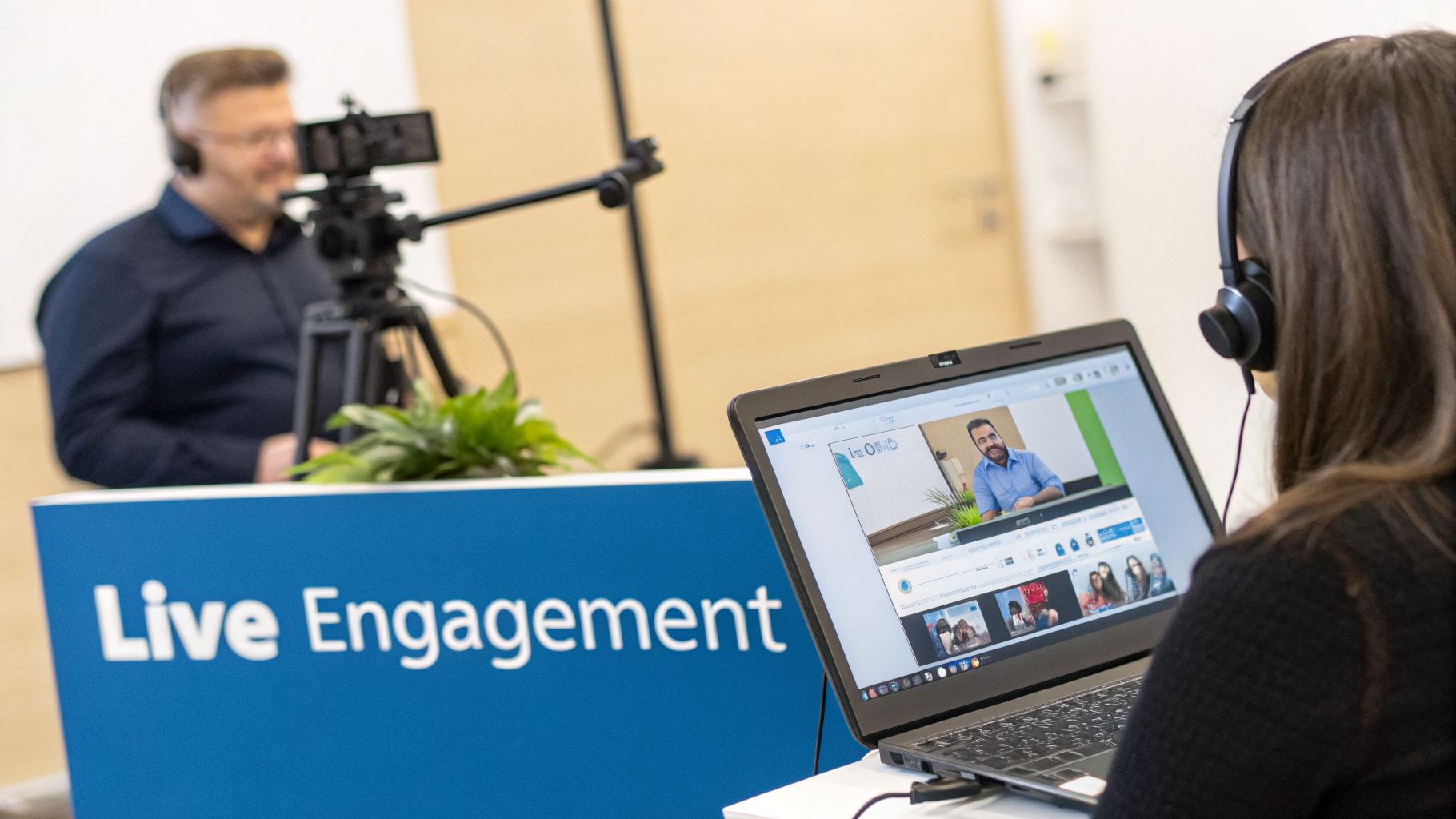 A person with headphones watches a live webinar on a laptop, while a speaker prepares for a broadcast.