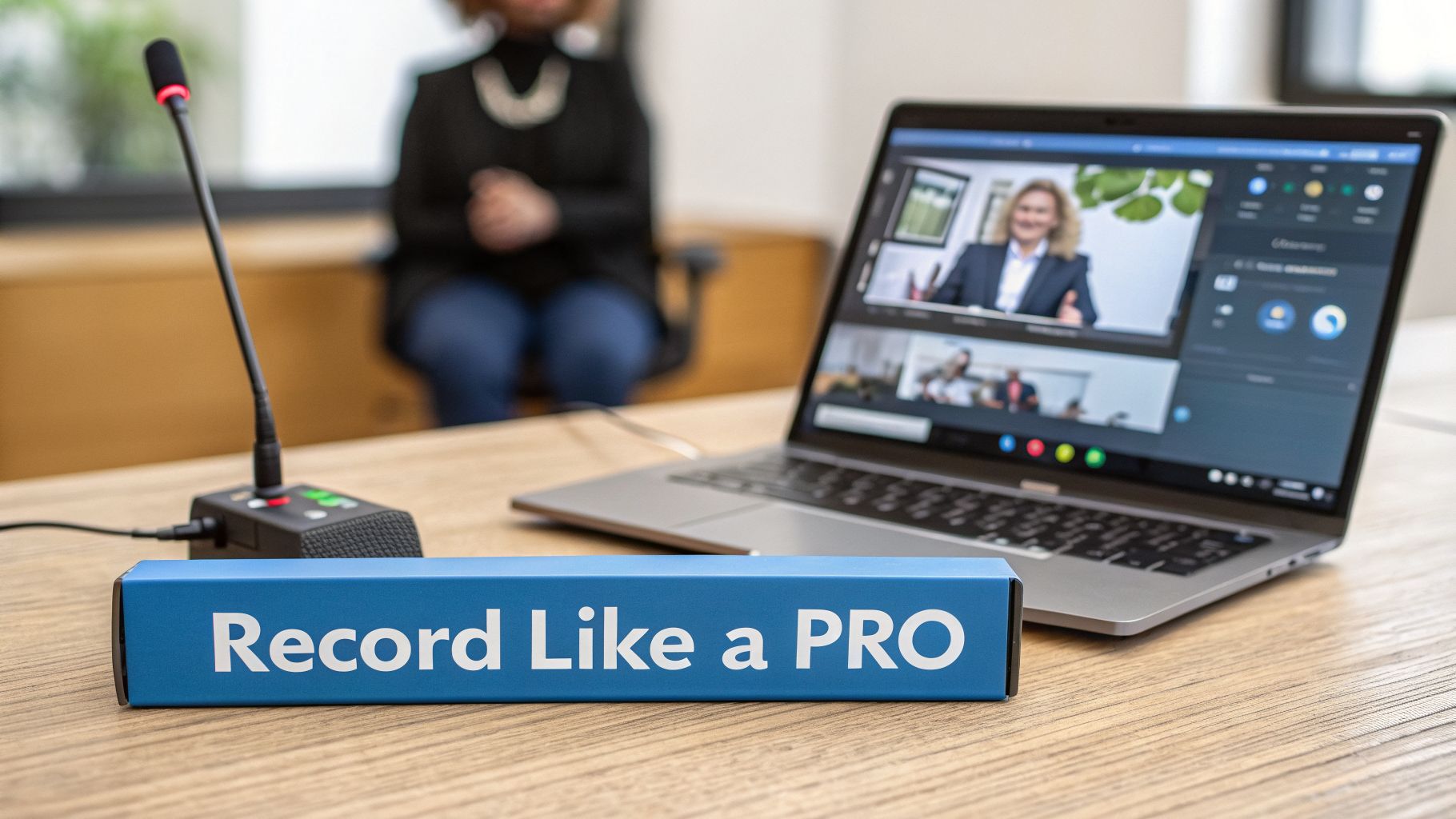A professional recording setup featuring a microphone, laptop displaying a video conference, and a 'Record Like a PRO' box on a wooden desk.