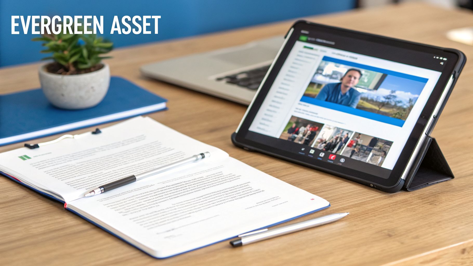 A clean workspace with an open notebook, pens, a plant, and a tablet displaying a video call.