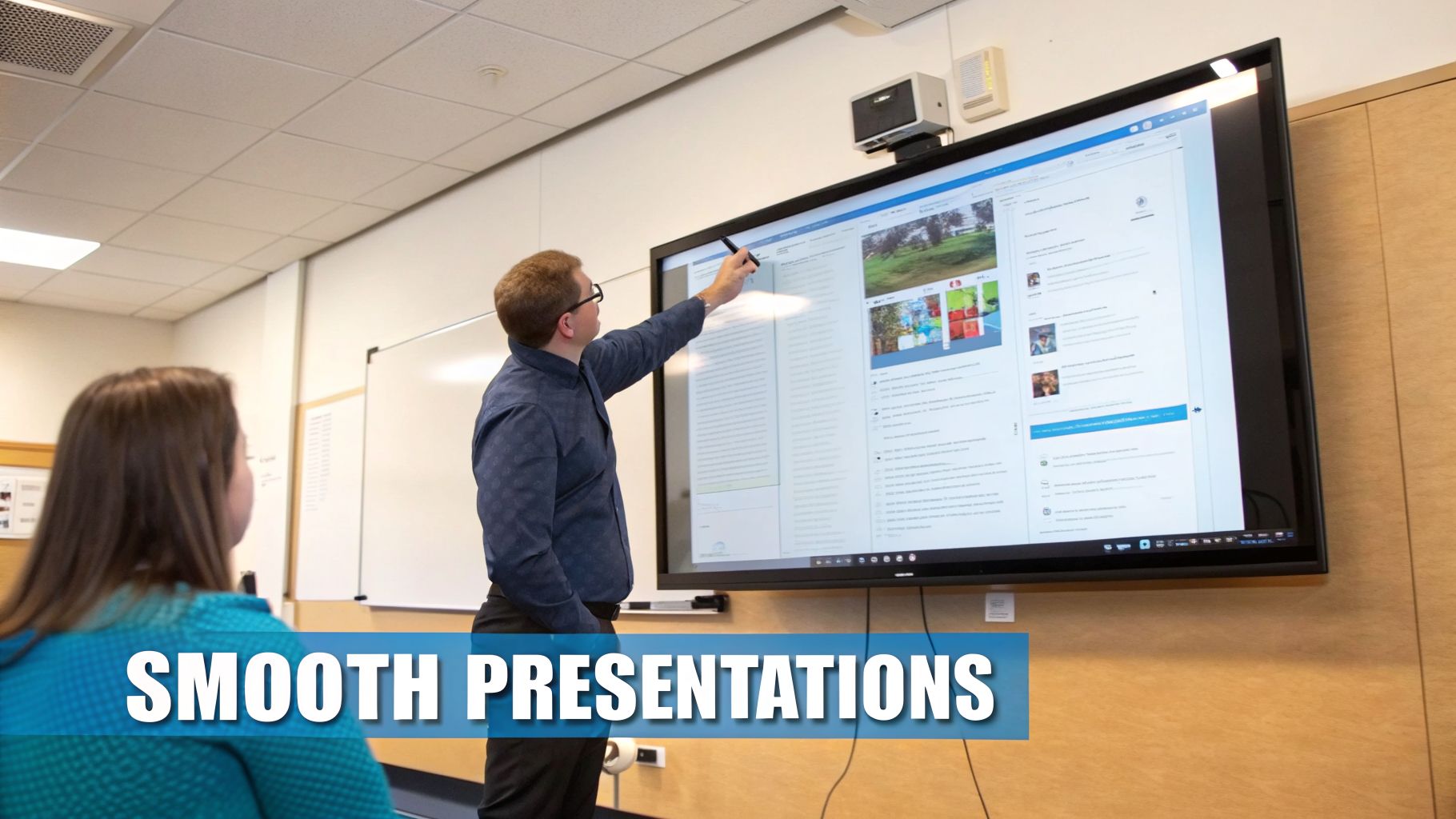 A man points at a large interactive screen, giving a presentation to a woman in a room.