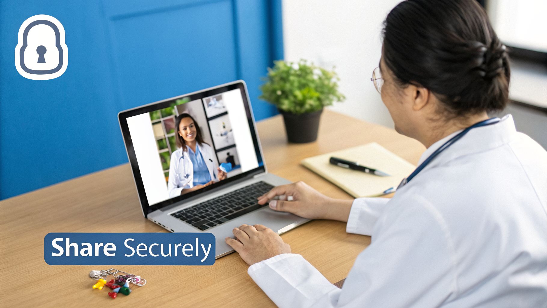 A doctor uses a laptop for a secure video consultation with a colleague, featuring a lock icon and 'Share Securely' text.