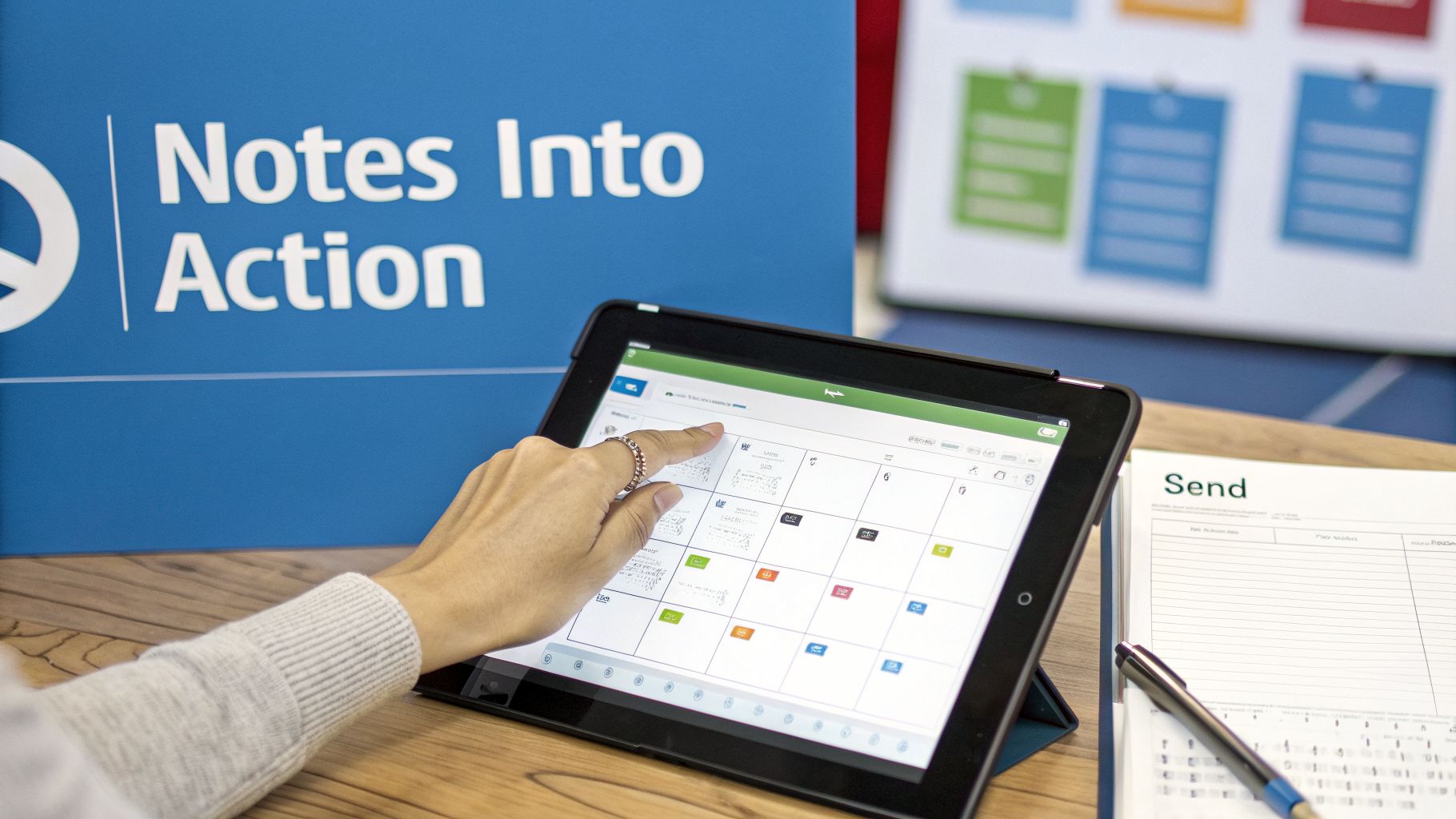 Hand tapping a tablet screen showing a calendar app, beside a 'Notes Into Action' sign.
