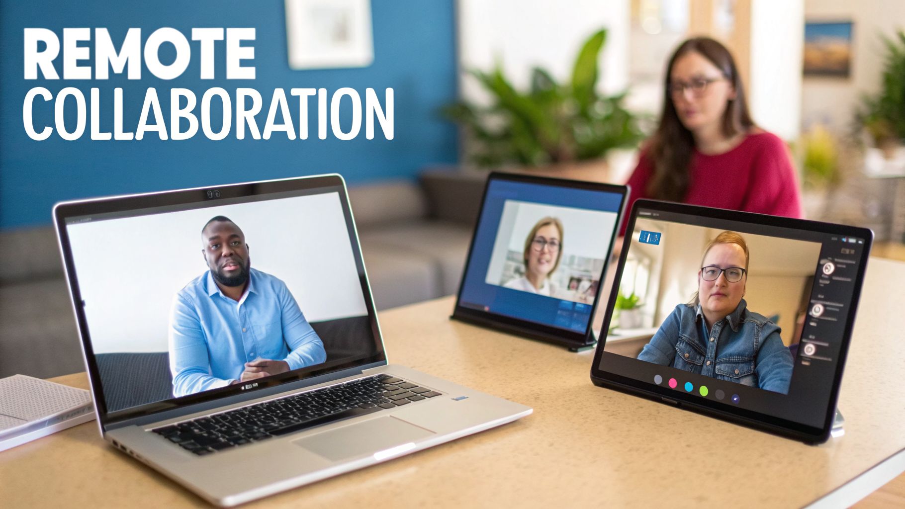 Three individuals engaged in video conference calls on laptops and tablets, symbolizing remote collaboration.