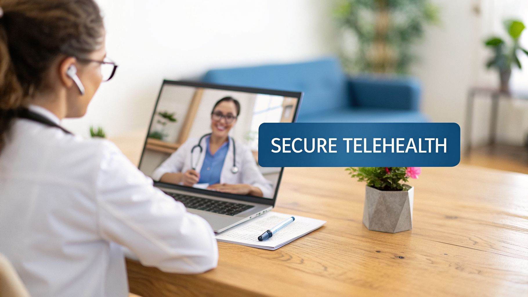 Two medical professionals conducting a secure telehealth video consultation on a laptop.