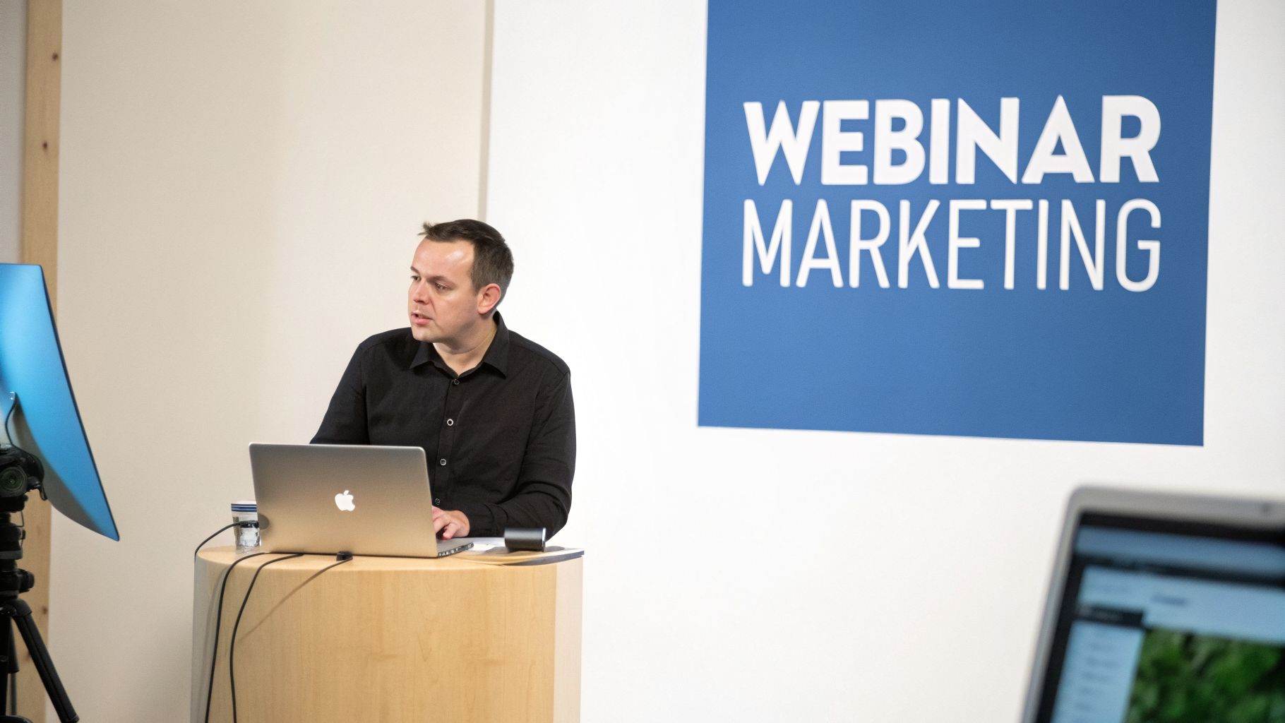A man presents a webinar on marketing with a laptop at a podium, a 'Webinar Marketing' sign in the background.