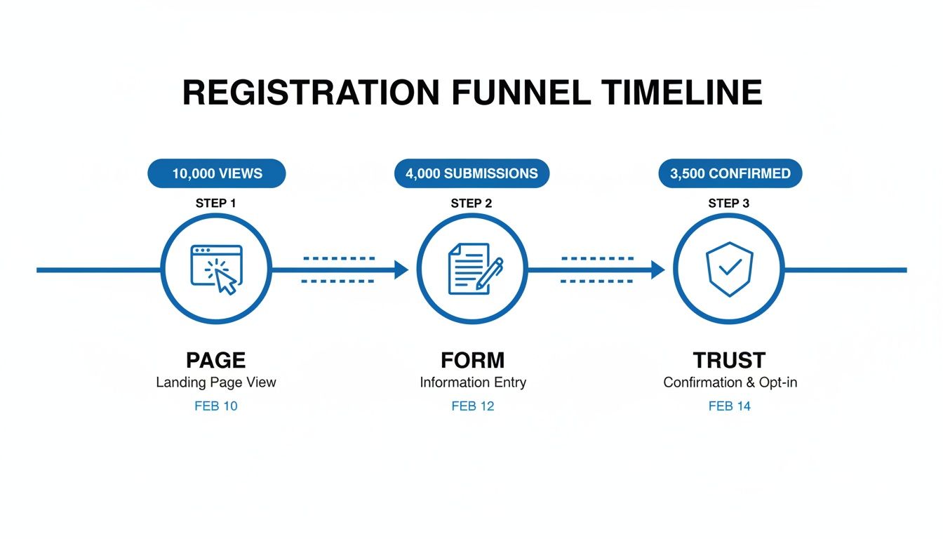 A registration funnel timeline with steps for page views, form submissions, and confirmed opt-ins.