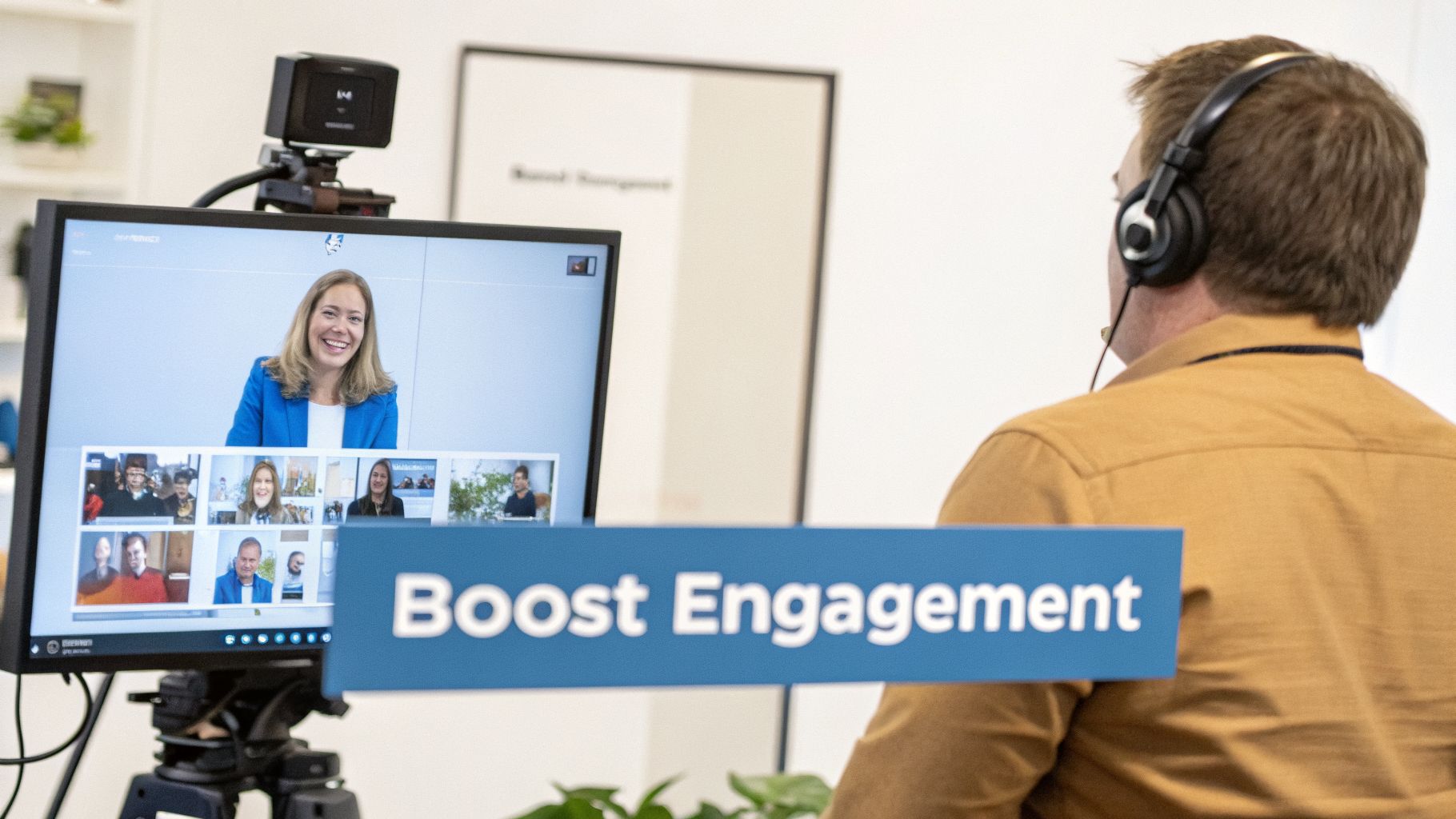 A person in headphones watching a virtual webinar, showing a speaker and participants, with a 'Boost Engagement' sign.