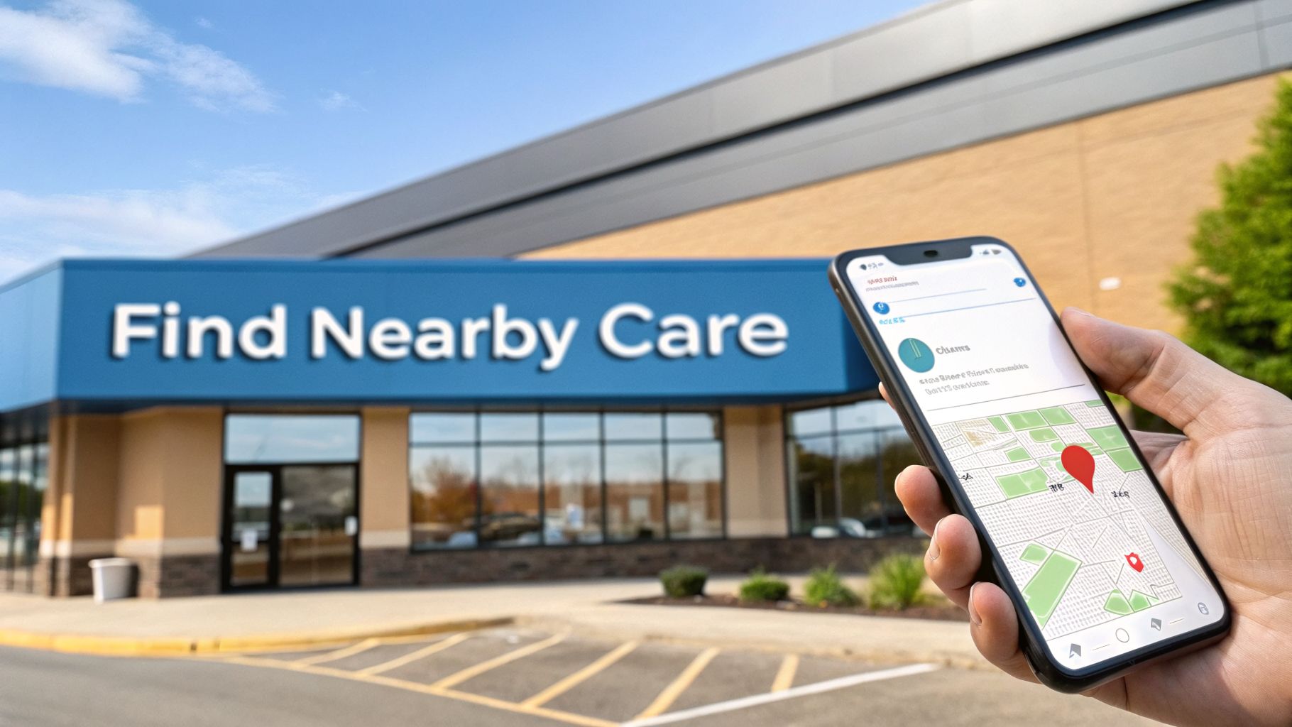 A hand holds a smartphone showing a map, pointing to a 'Find Nearby Care' building.