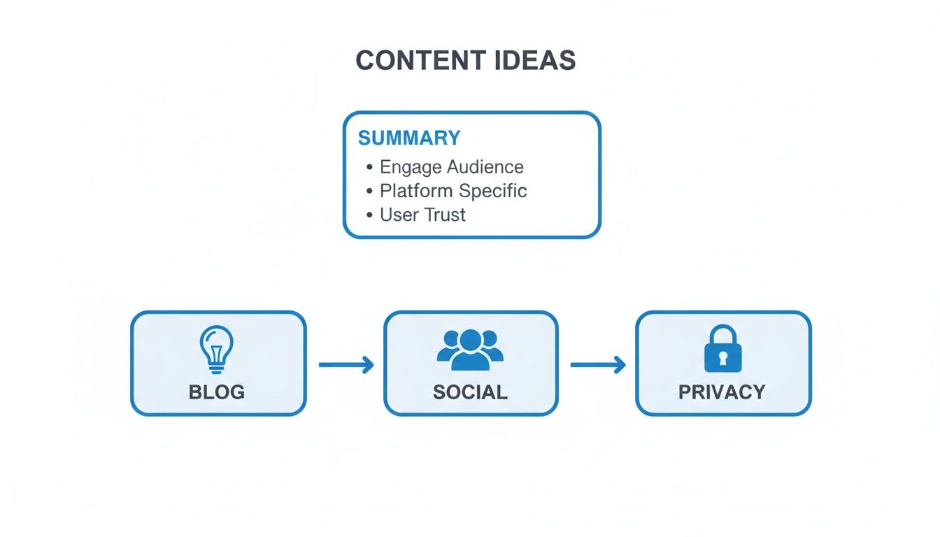 Flowchart outlining content ideas with a summary of principles, covering blog, social, and privacy topics.