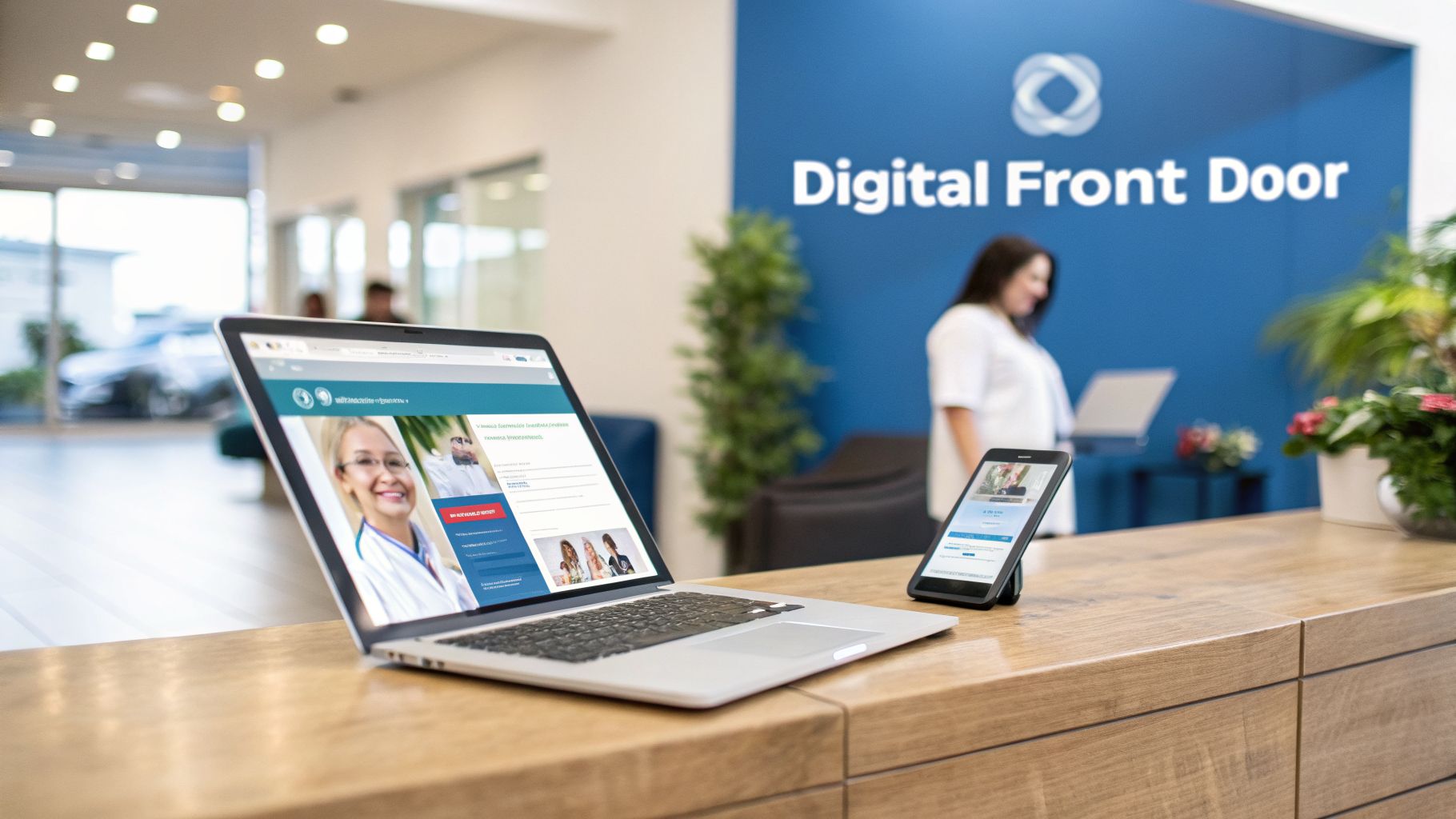 Digital Front Door healthcare platform displayed on a laptop and smartphone in a modern office setting.