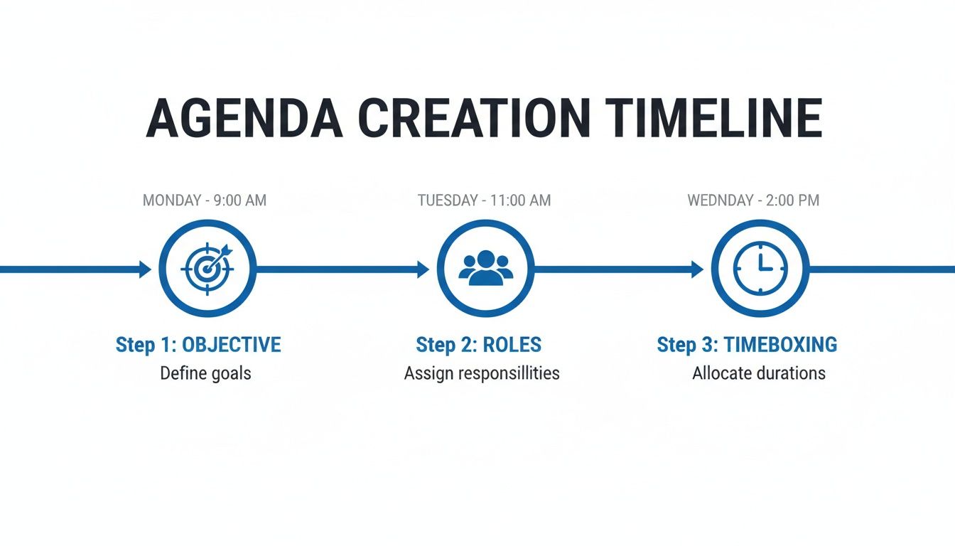 A timeline showing three steps for meeting agenda creation: objective, roles, and timeboxing across three days.