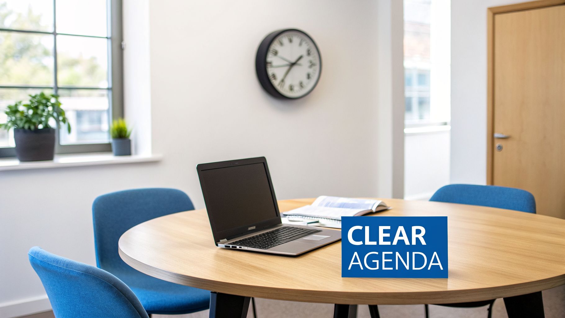 A modern meeting room with a round wooden table, blue chairs, a laptop, and a 'CLEAR AGENDA' sign.