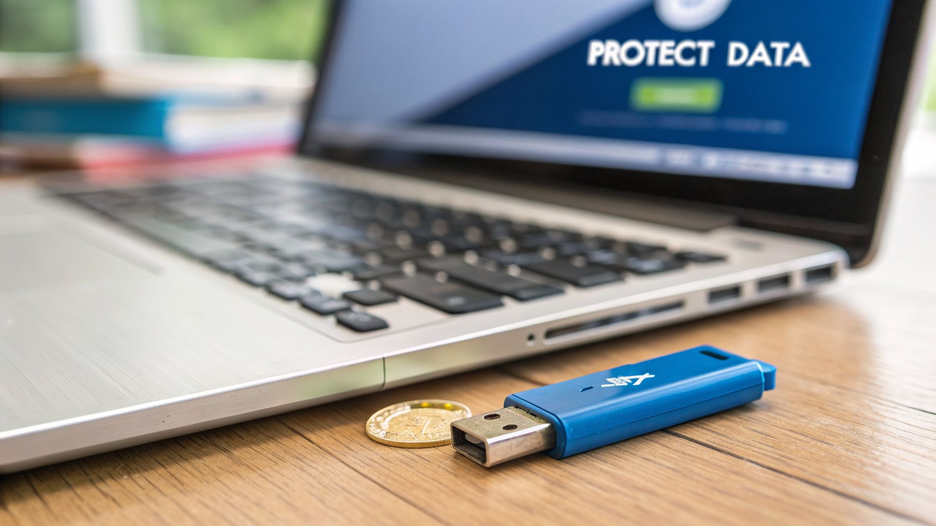 Laptop screen displays "PROTECT DATA" next to a blue USB drive and a coin on a wooden desk.