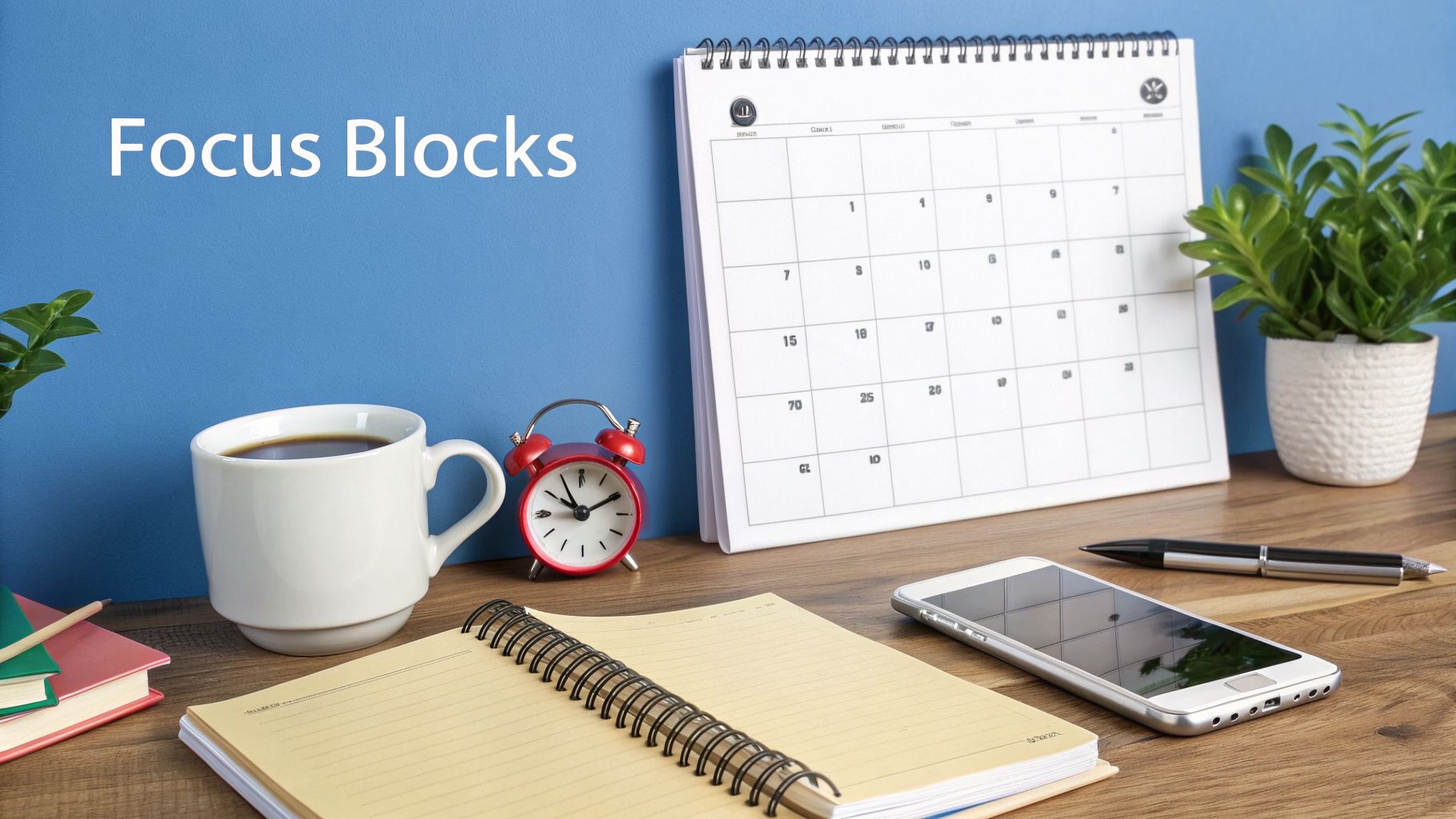 A desk with coffee, alarm clock, calendar, notebook, smartphone, and 'Focus Blocks' text.