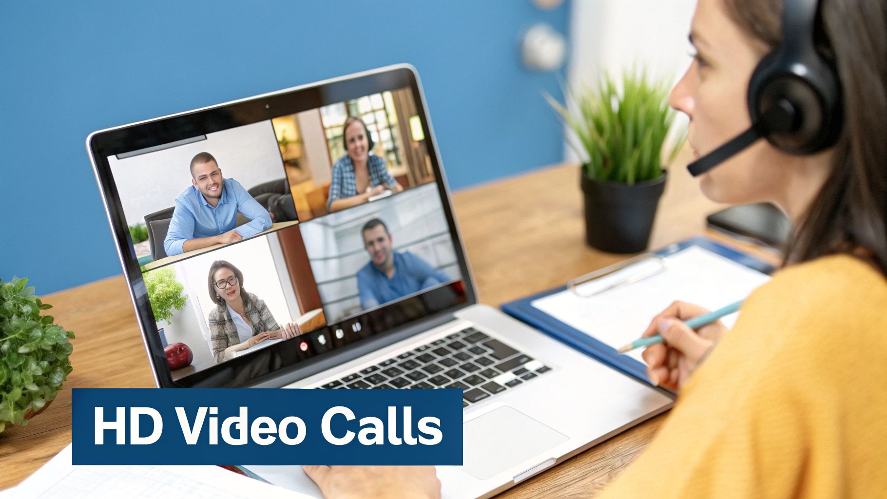 A woman in a headset participates in an HD video call on a laptop, taking notes.