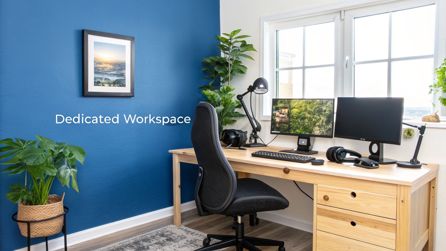 A dedicated home office workspace with a wooden desk, ergonomic chair, dual monitors, and plants.