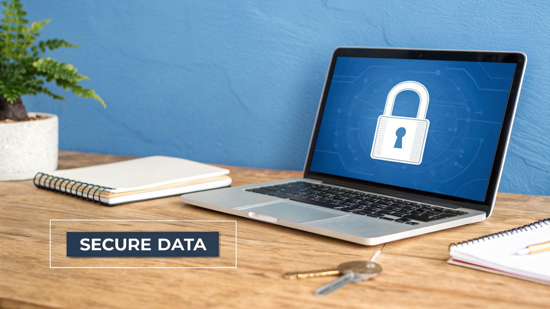 A laptop displaying a secure padlock icon on its screen, with 'SECURE DATA' text, on a wooden desk.