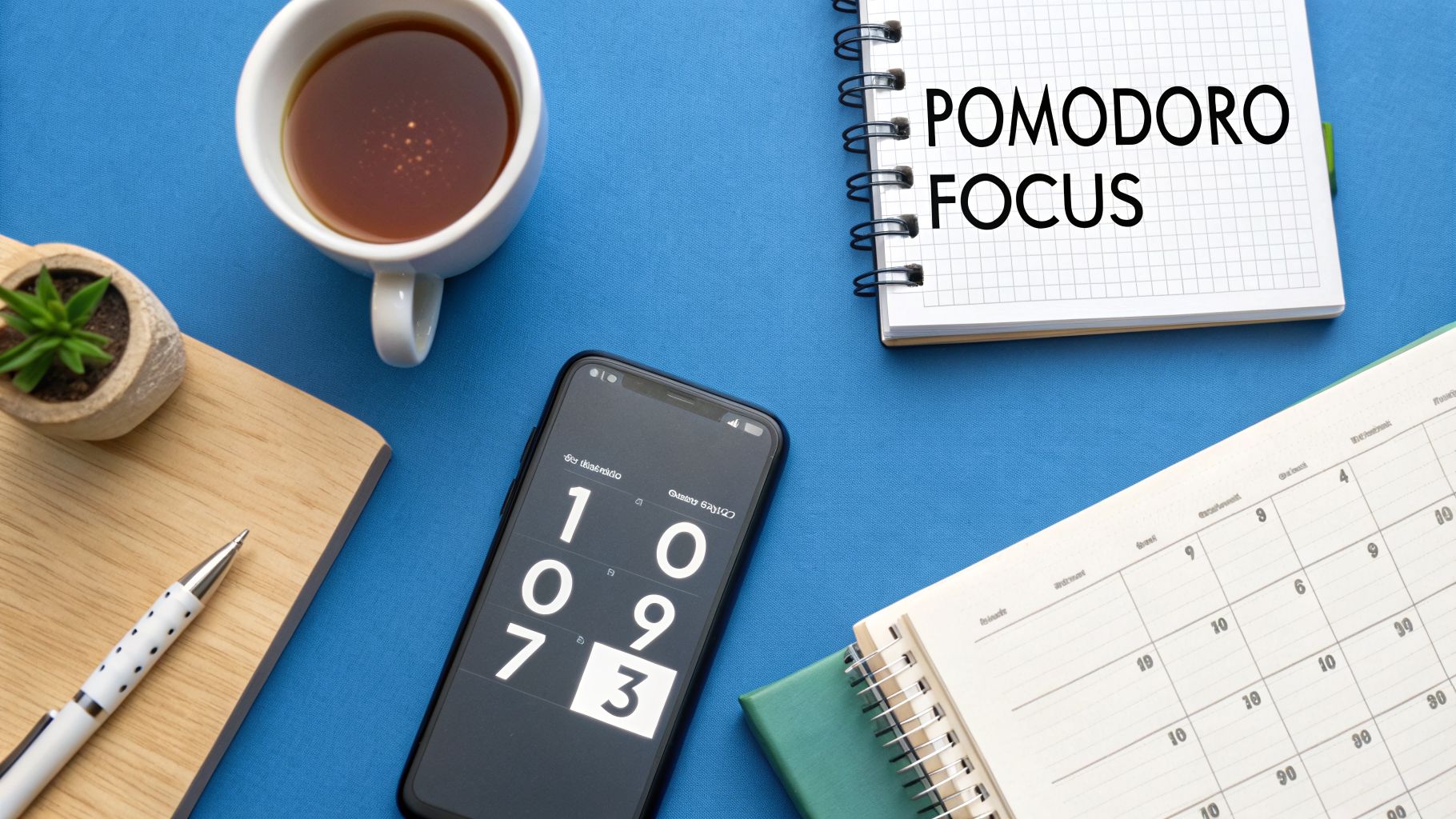 Overhead shot of a blue desk with a Pomodoro timer, tea, notebook, and plant for focus.