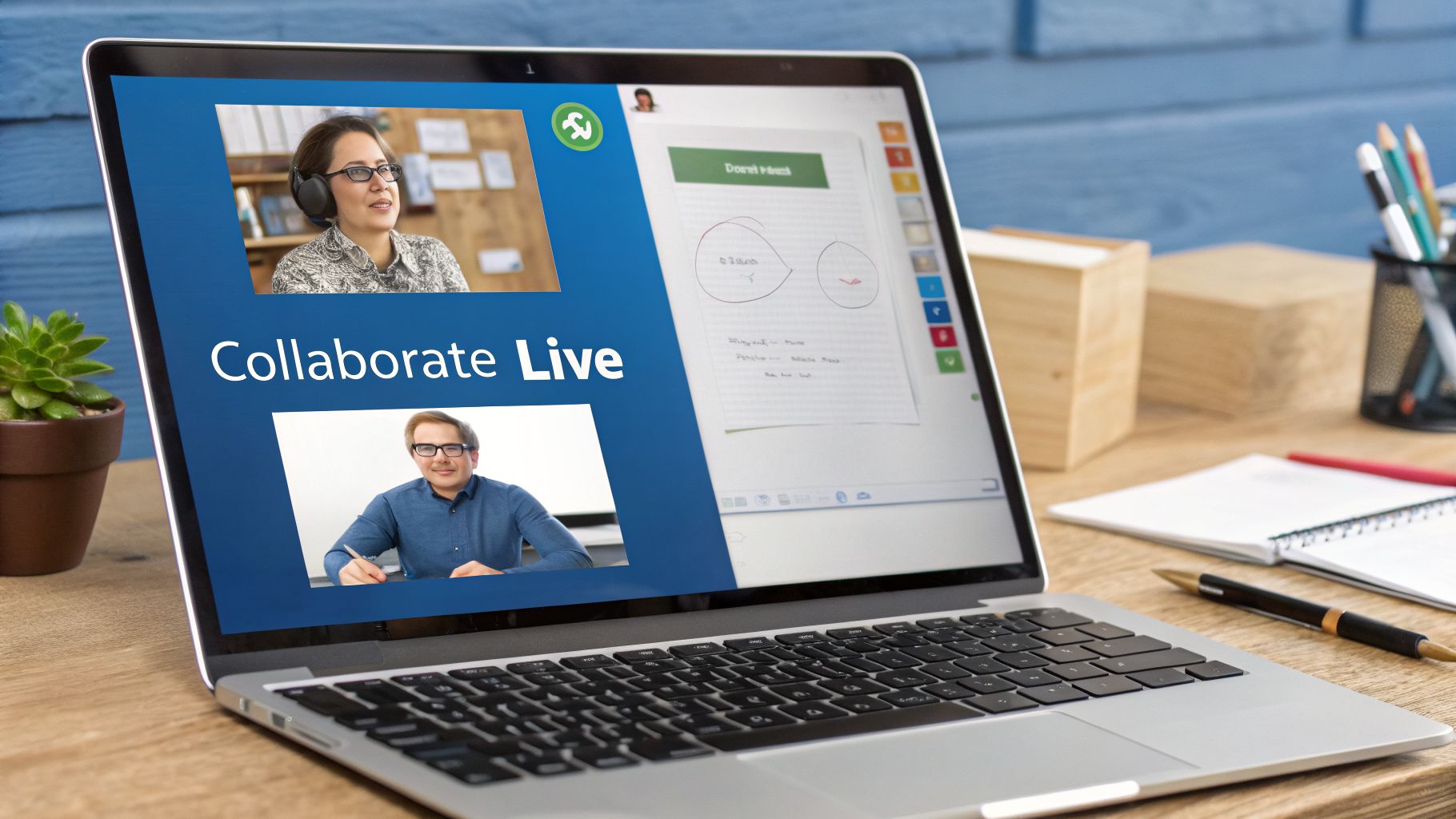Laptop on a wooden desk showing a live video conference with two people and a shared document.