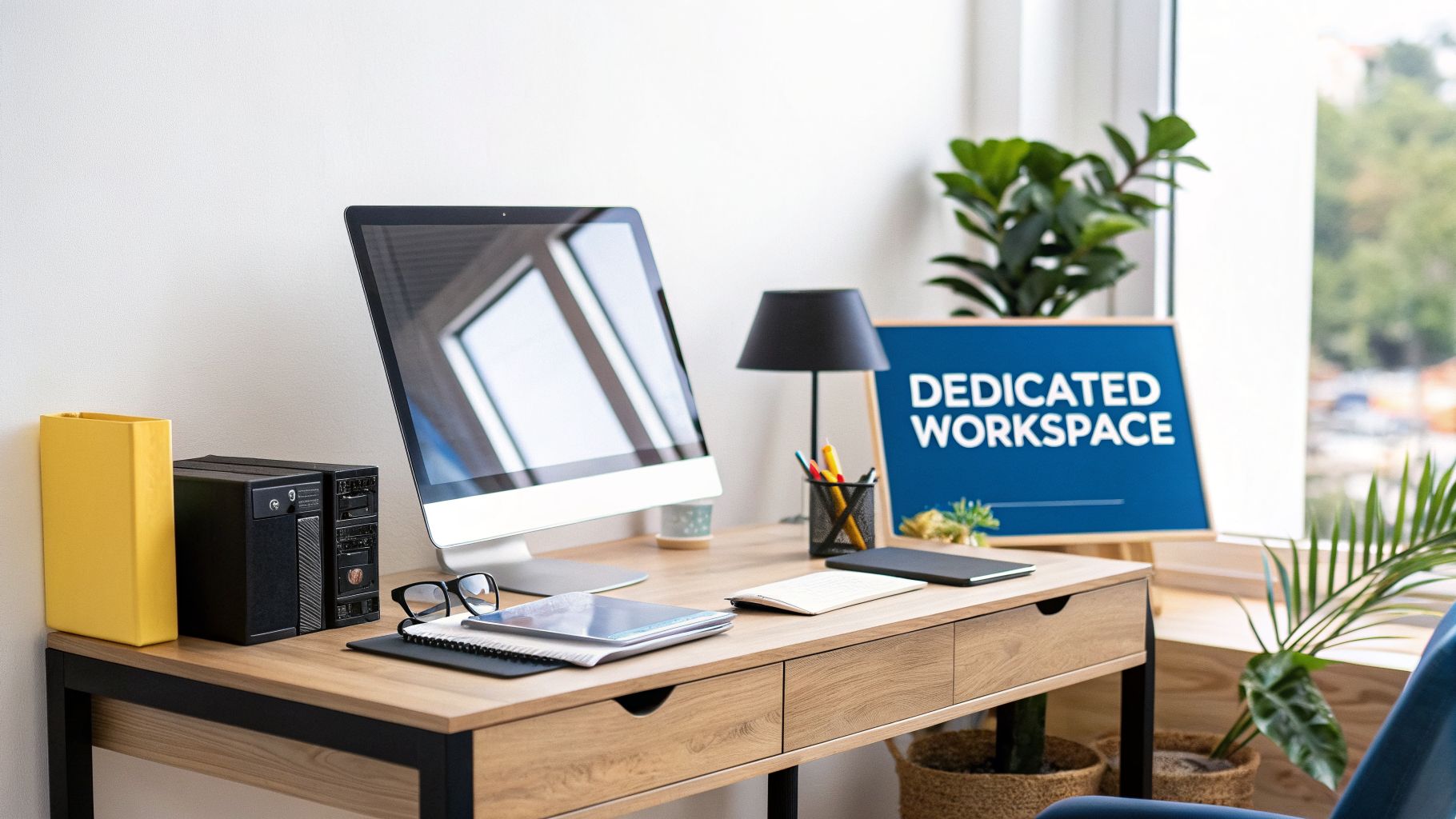 A well-organized home office desk featuring a computer, stationery, and a 'Dedicated Workspace' sign.