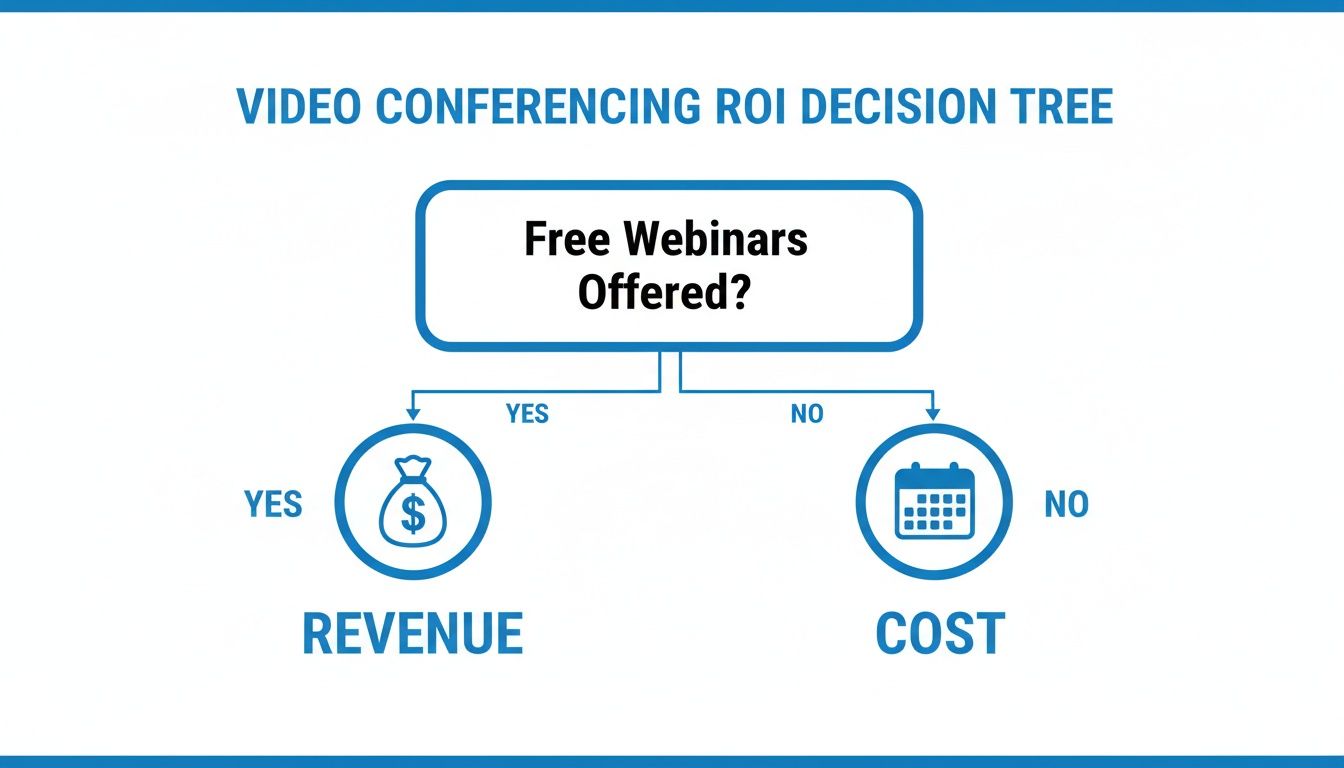 A video conferencing ROI decision tree. If free webinars are offered, it leads to revenue; otherwise, it's a cost.