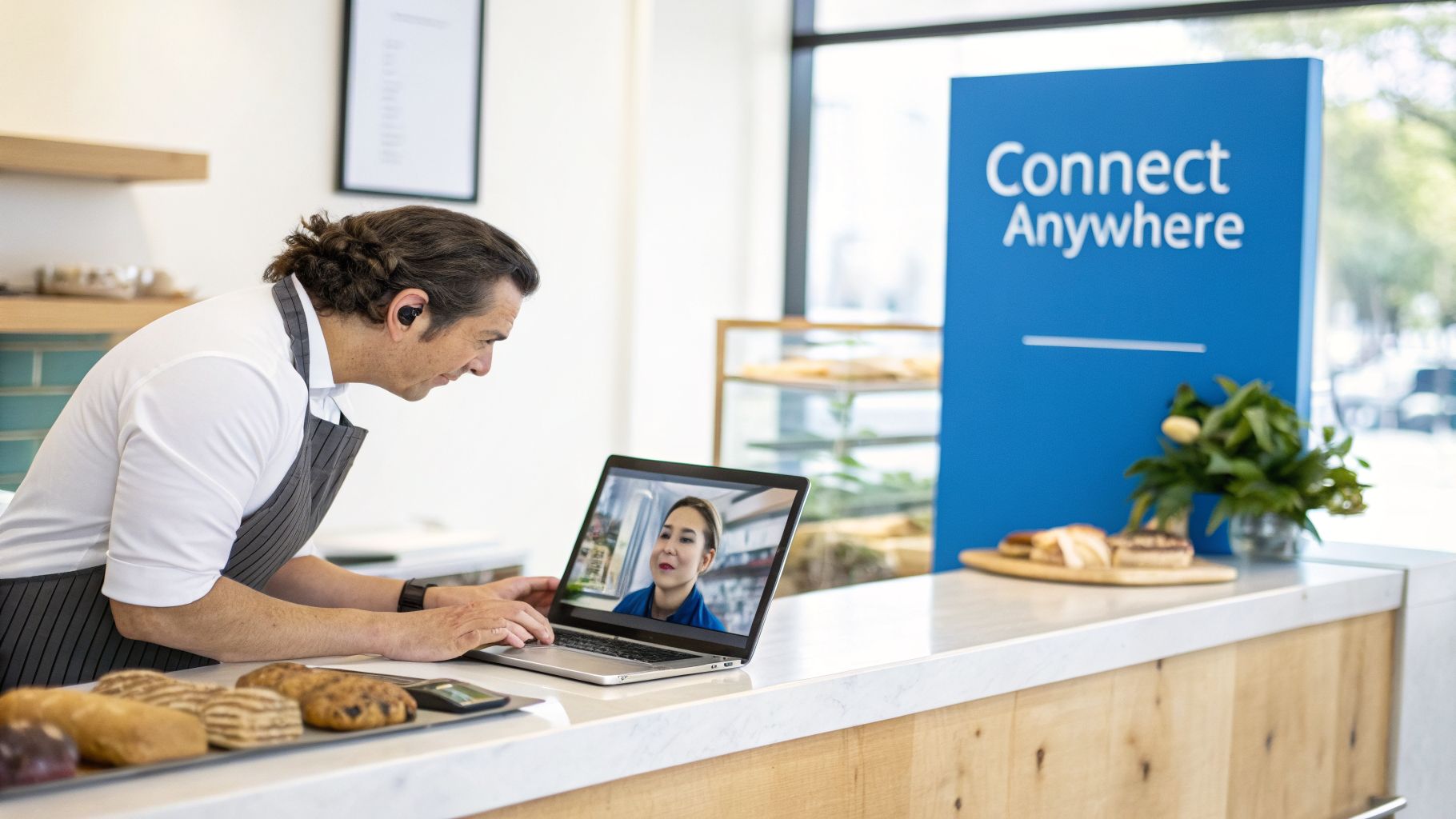 A small business owner using a laptop for a video call at a counter with baked goods.
