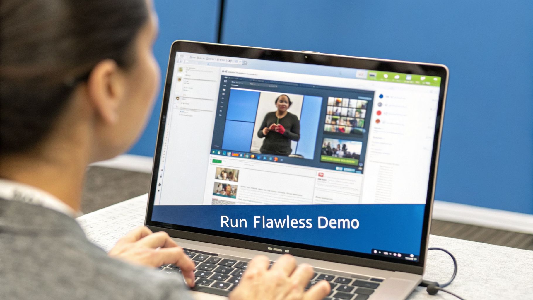 Person typing on a laptop, watching a video conference with a speaker and multiple participants on screen, displaying 'Run Flawless Demo'.