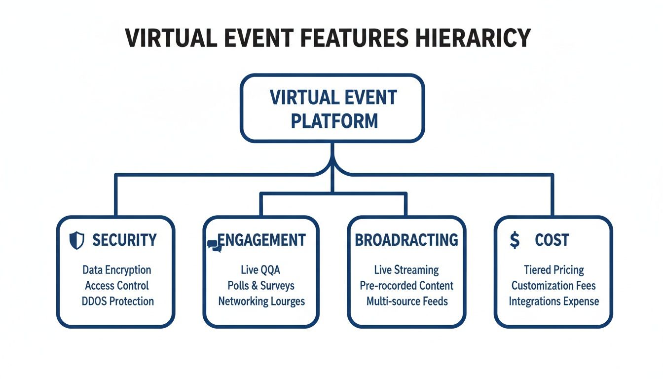 A hierarchy chart illustrating virtual event platform features: security, engagement, broadcasting, and cost details.