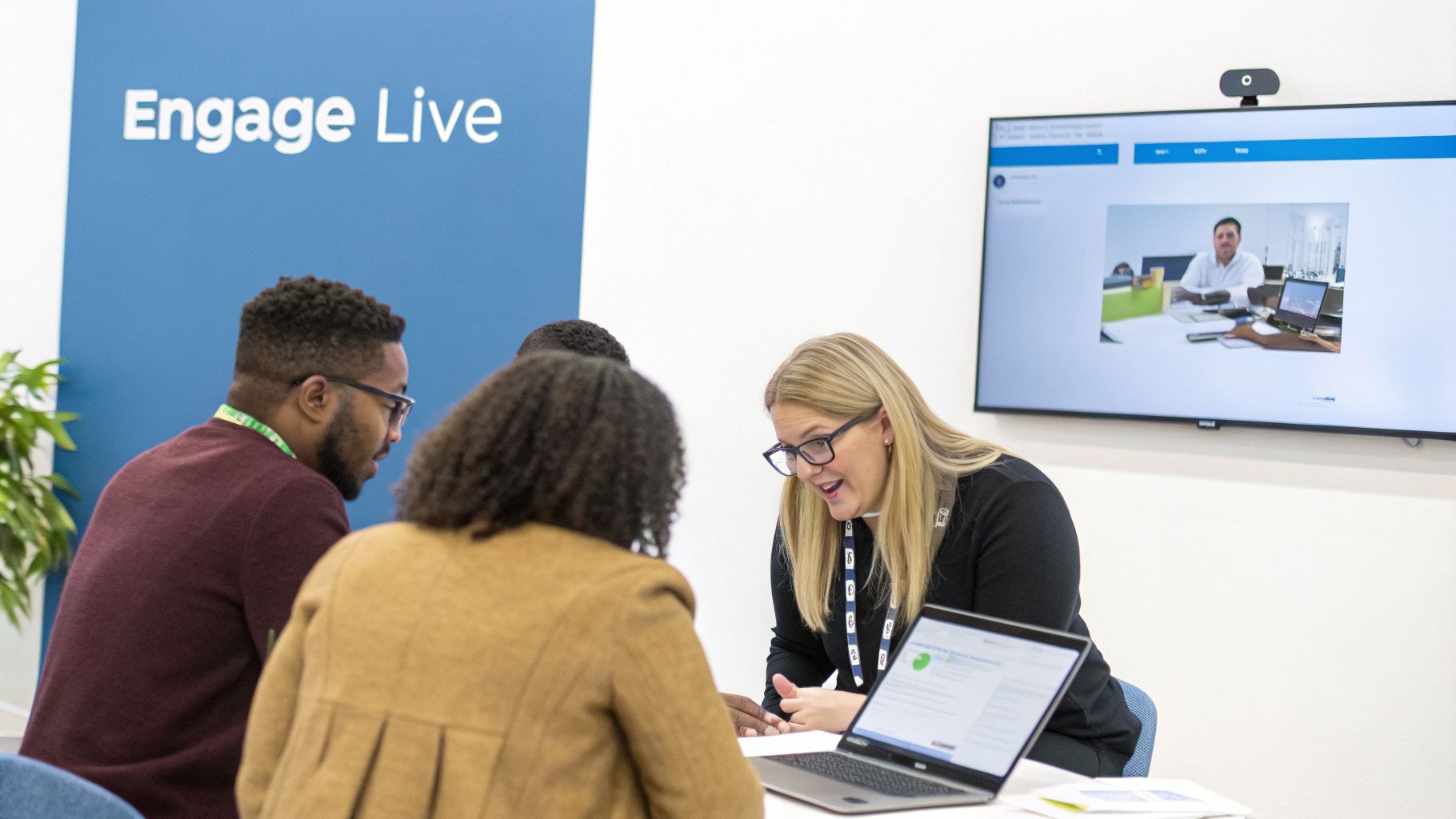Professionals engaging in a hybrid meeting at an 'Engage Live' event, with a speaker on screen.