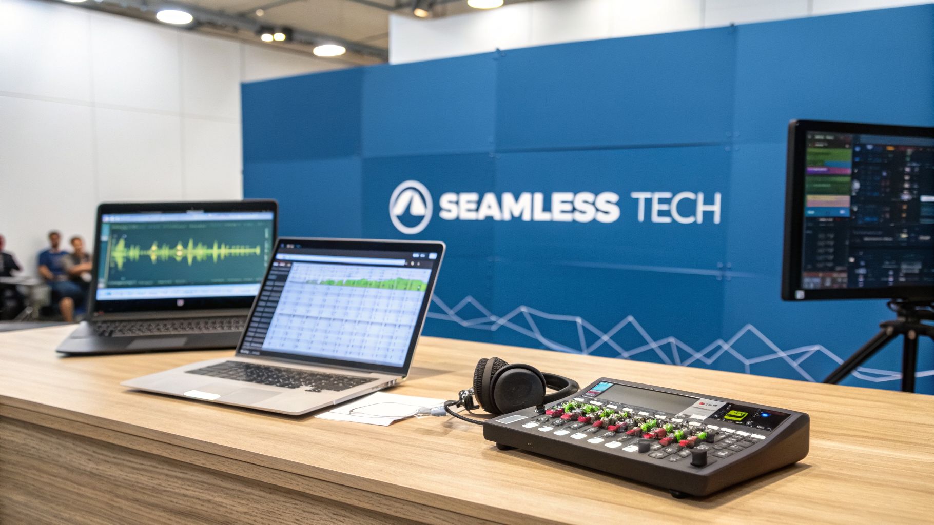 Laptops, sound mixer, and headphones on a table at a Seamless Tech event booth.