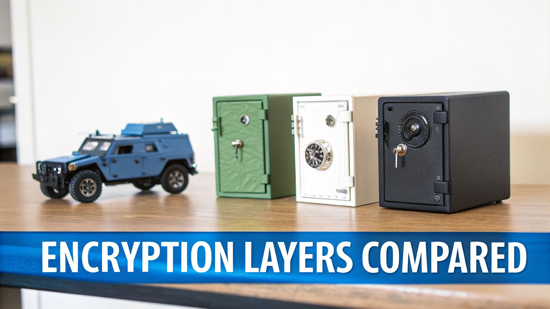 A toy military vehicle and three small safes in green, white, and black, representing encryption layers.