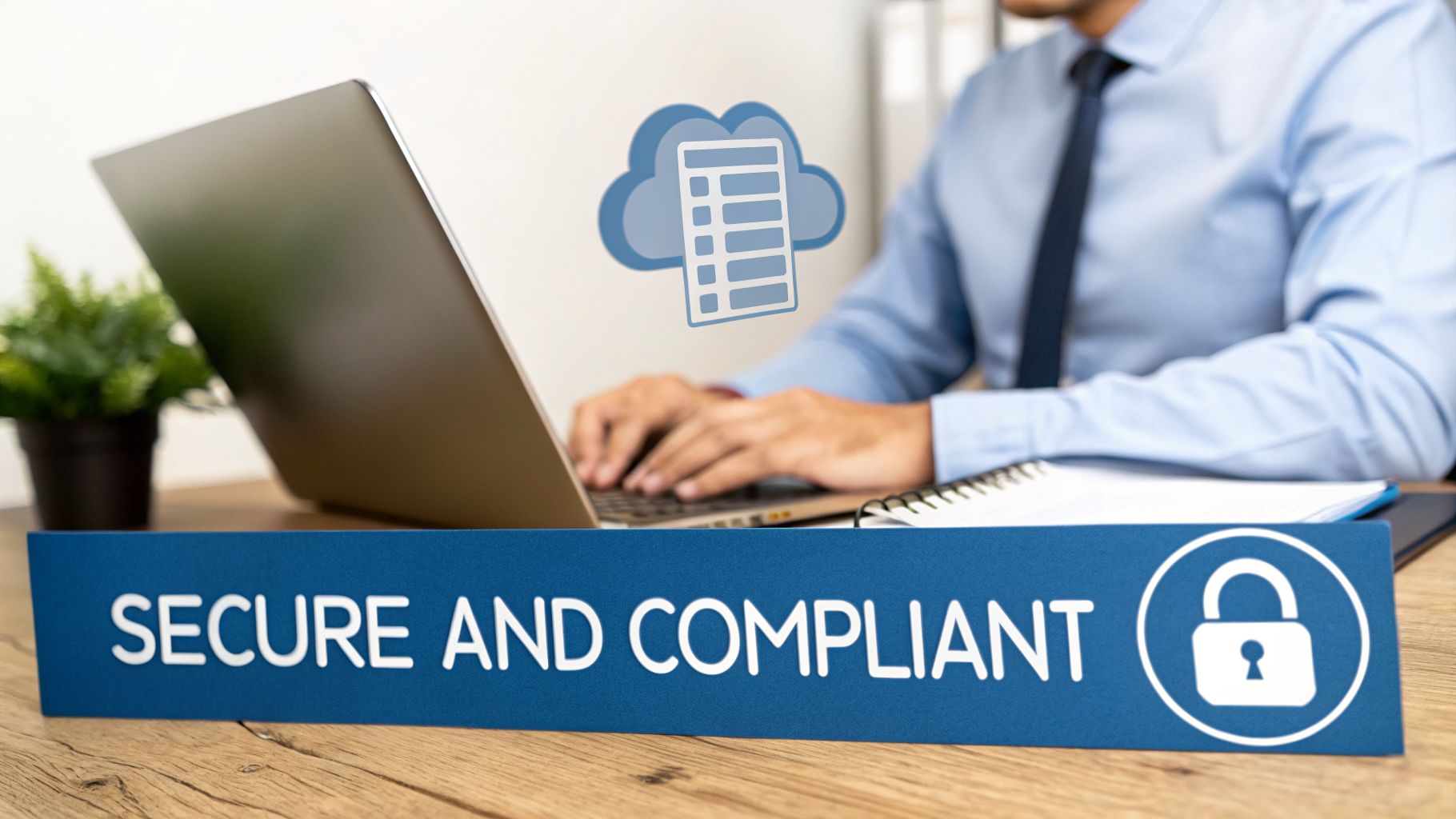 A business professional using a laptop with cloud data, emphasizing secure and compliant operations.