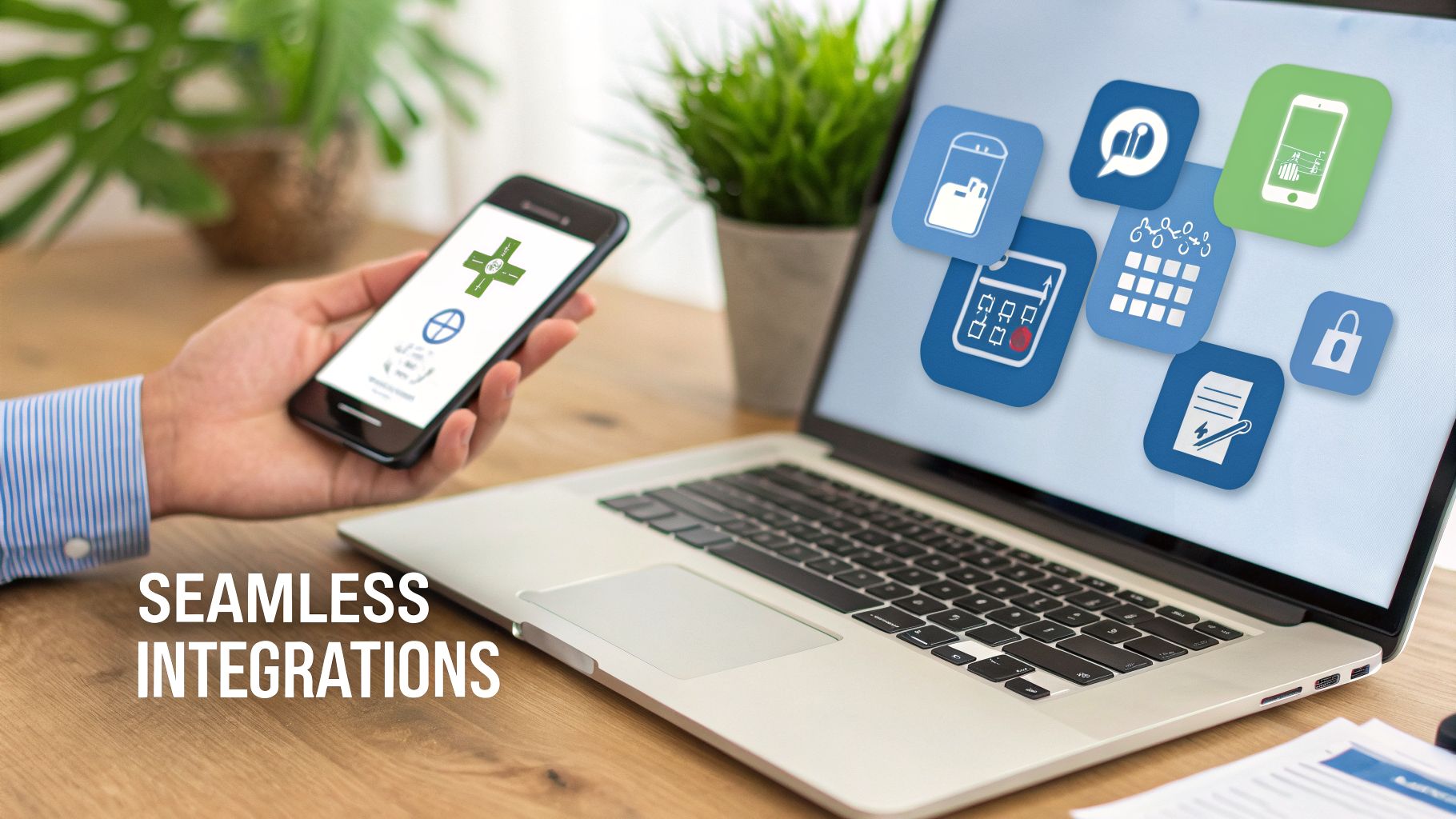 Hand holding smartphone with medical app, next to laptop showing various software integration icons.