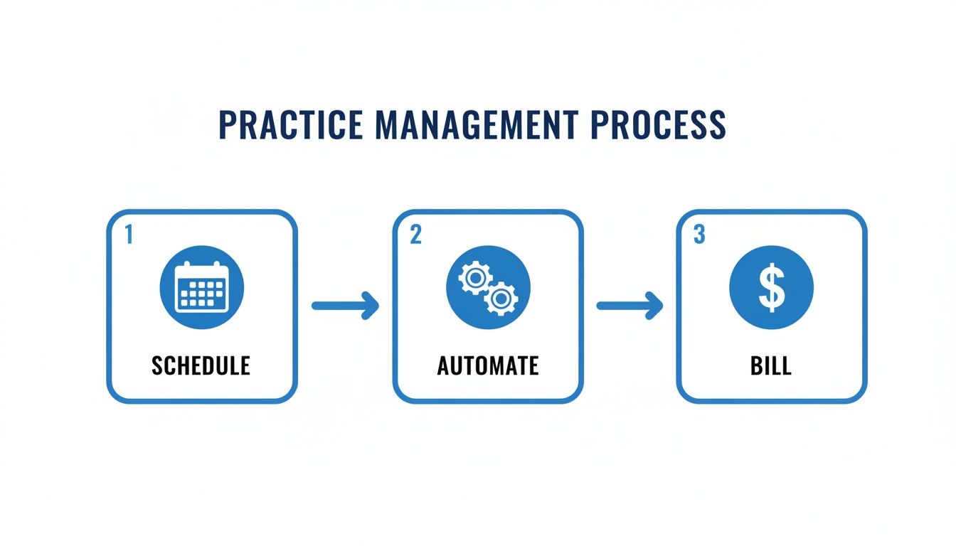 Diagram illustrating the three steps of a practice management process: Schedule, Automate, and Bill.